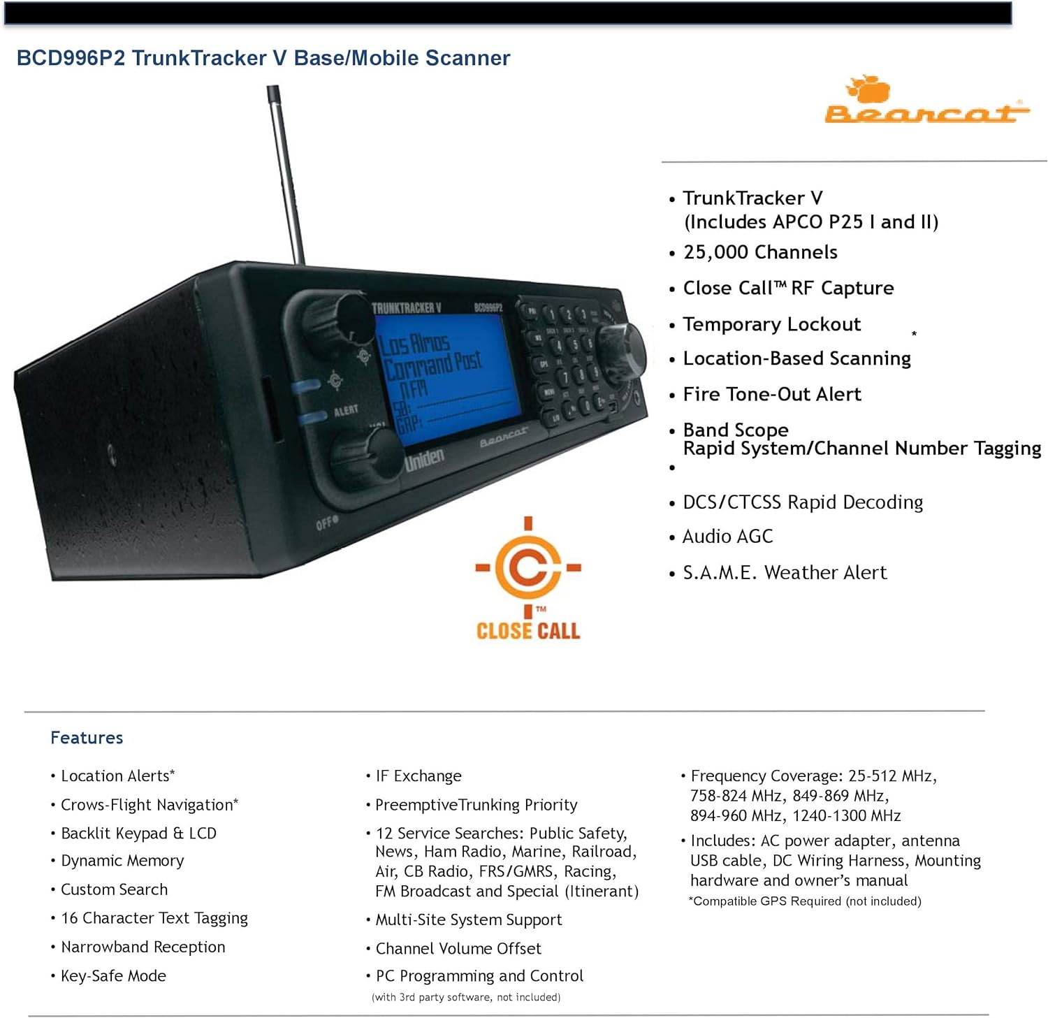 BCD996P2 Digital Mobile TrunkTracker V Scanner, 25,000 Dynamically Allocated Channels, Close Call RF Capture Technology, 4-Line Alpha display, Base/Mobile Design, Phase 2