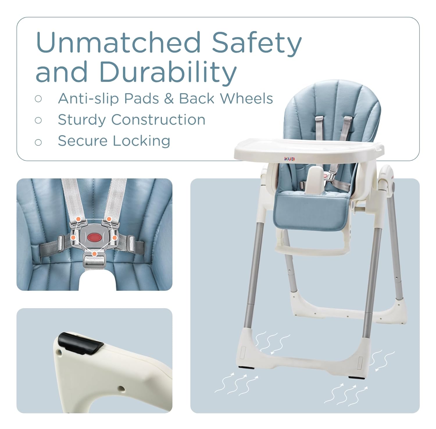 JBG Foldable Baby High Chair, Grey Faux Leather, Adjustable Height & Recline, Removable Tray, Locking Wheels, 5-Point Harness