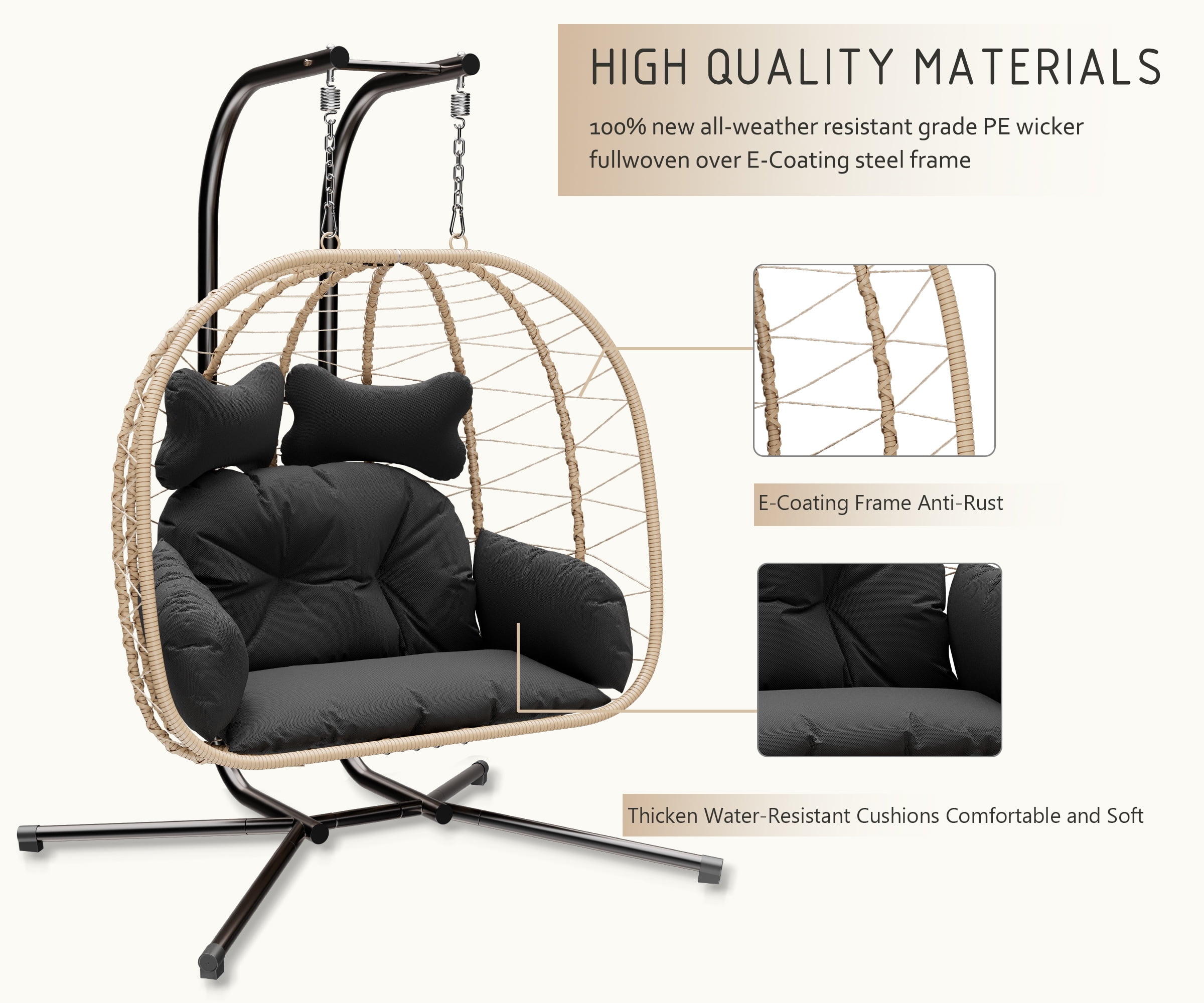 Bifanuo Double Wicker Swing Egg Chair Hammock Foldable Hanging Loveseat with Stand, UV Resistant Removable Cushions, 700LBS Capacity for Bedroom, Balcony (Black and Beige)