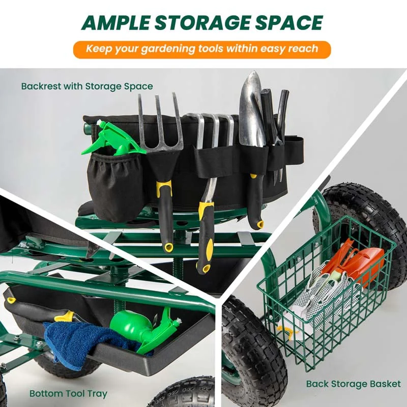 Green Rolling Garden Cart Workseat Garden Scooter with 360 Degree Swivel Cushioned Seat & Tool Storage, 2 Steering Handles