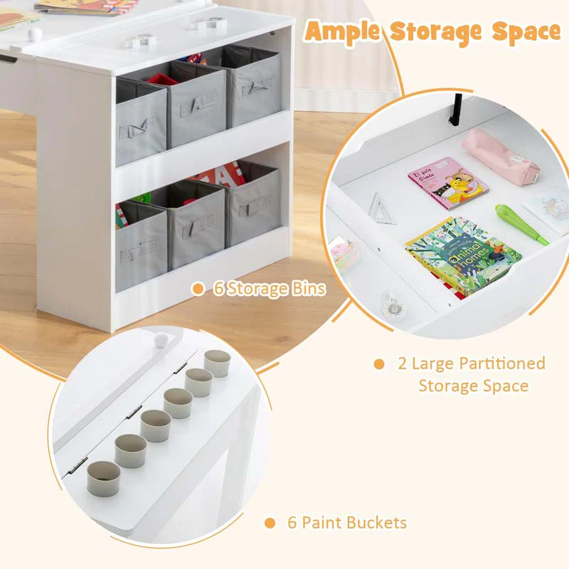 2-in-1 Kids Art Table Chair Set for Drawing Writing, Toddler Craft Play Wood Activity Desk w/2 Chairs Paper Roll Storage Canvas Bins