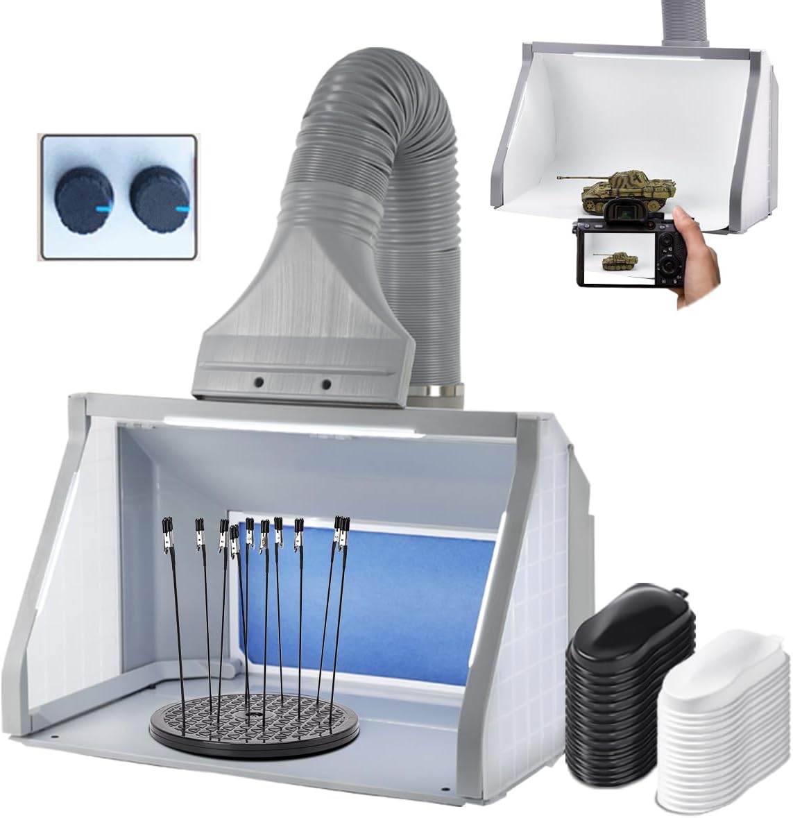 Dual Fans Airbrush Spray Booth Kit, Adjustable Airbrush Paint Booth with 3 Led Lights,White Photography Paper, 10x Coloring Clips, 30x Speed Shape Vinyl Car for Hobby, Model Car, Craft Painting