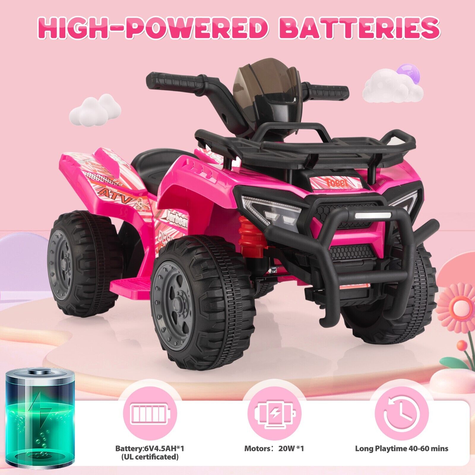 TOBBI Kids ATV Quad 4 Wheeler 6V Kids Ride On Toy Kids Electric Car with Music