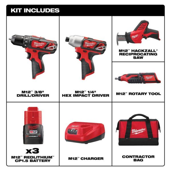 2497-24 M12 12V Lithium-Ion Cordless Combo Tool Kit (4-Tool) with (3) 1.5Ah Batteries, (1) Charger, (1) Tool Bag