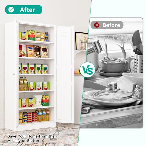 Pantry Cabinet,White Pantry Storage Cabinet,Metal Storage Cabinet with Doors and Shelves,Ventilated Tall Cupboard,Pantries,71