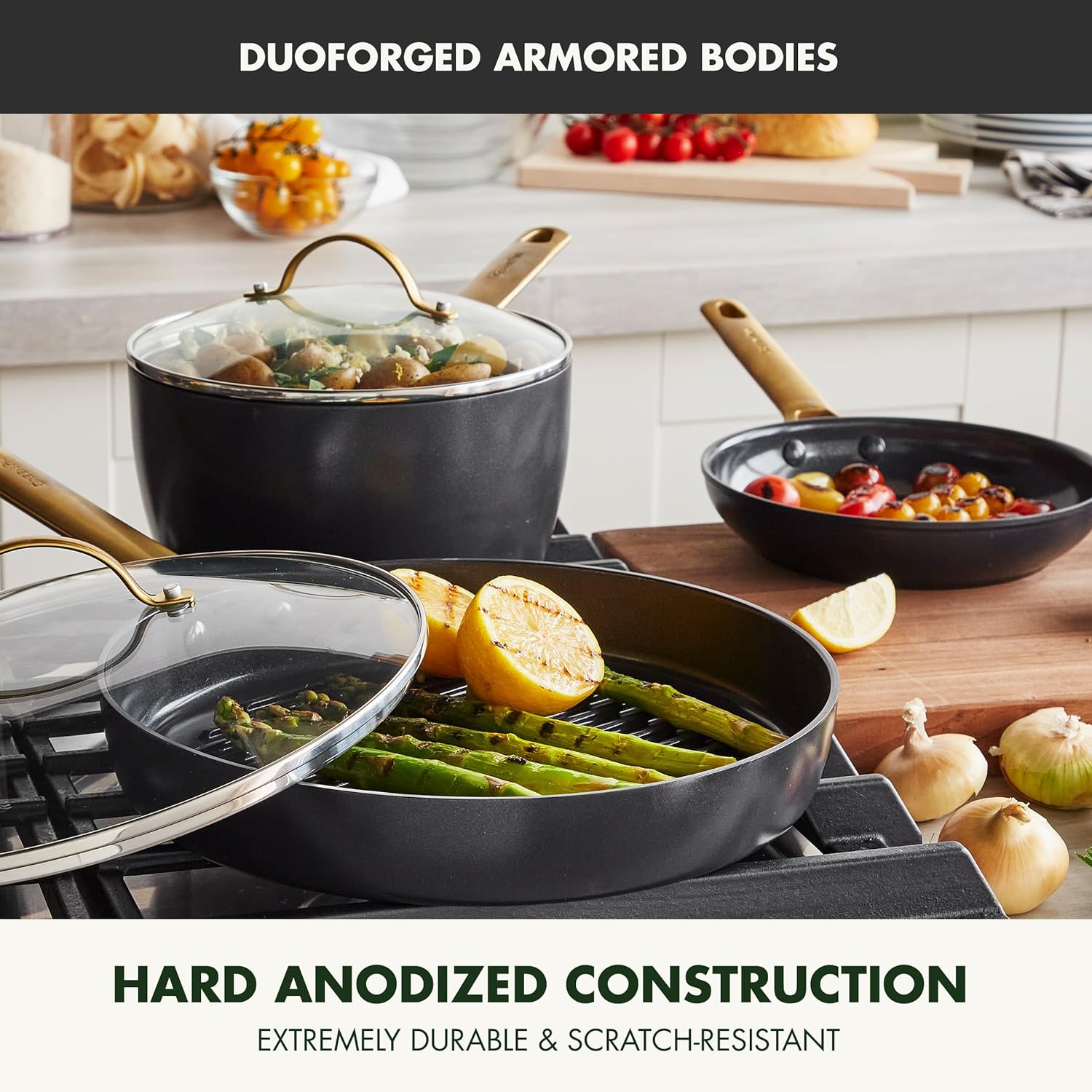 Reserve Hard Anodized Healthy Ceramic Nonstick 10 Piece Cookware Pots and Pans Set, Gold Handle, PFAS-Free, Dishwasher Safe, Oven Safe, Black