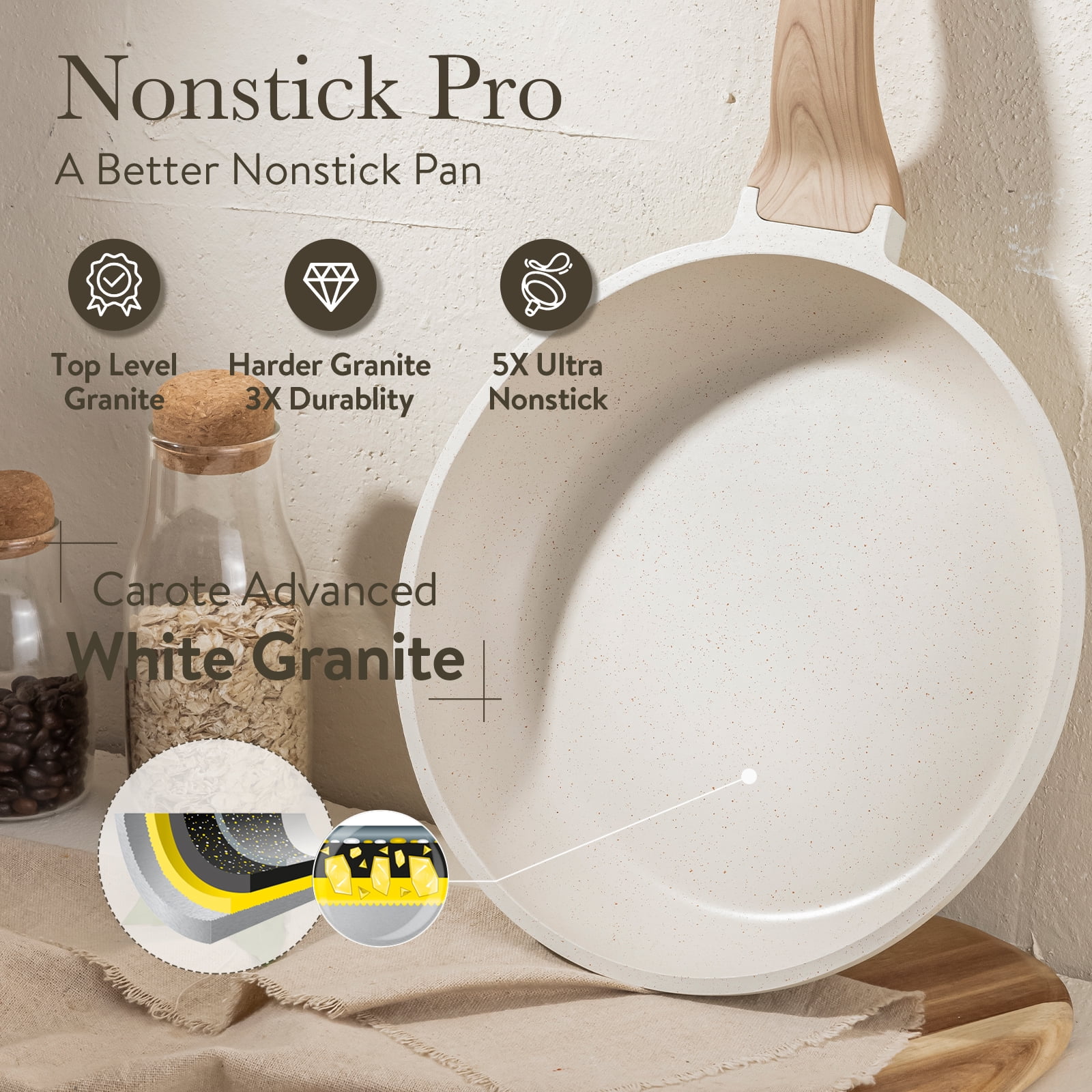 Carote Nonstick Pots and Pans Set, 10 Pcs Granite Kitchen Cookware Sets (White)