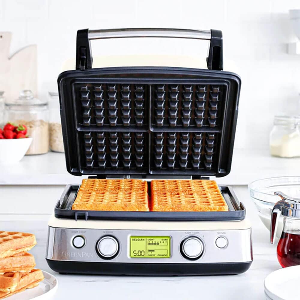 Elite 4-Square Belgian & Classic Waffle Iron, Healthy Ceramic Nonstick Aluminum Dishwasher Safe Plates, Adjustable Shade/Crunch Control, Wont Overflow, Easy Cleanup Breakfast,
