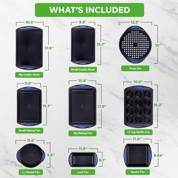 10-Piece Nonstick Bakeware Set Heavy Duty Carbon Steel Baking Trays w/Silicone Handles Includes Cookie Sheets, 12-Cup Muffin Pan, Pizza Loaf Pan, Round Square Pans Easy to Clean