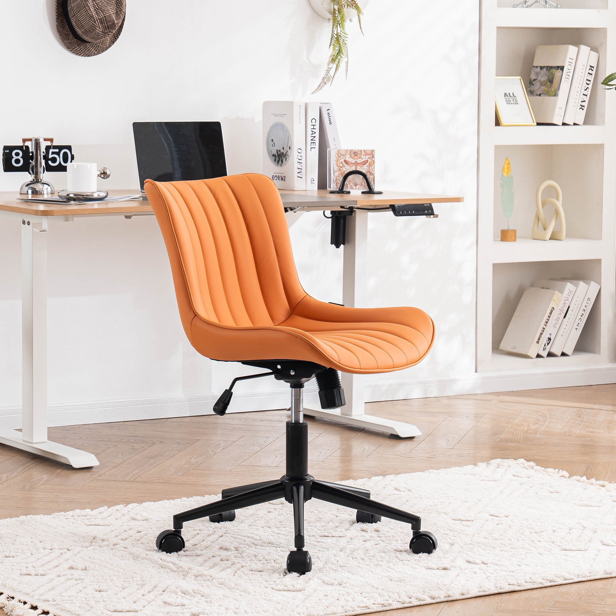 YOUNIKE Cute Armless Office Desk Chair Modern Upholstered Faux Leather Swivel Task Chair, Brown