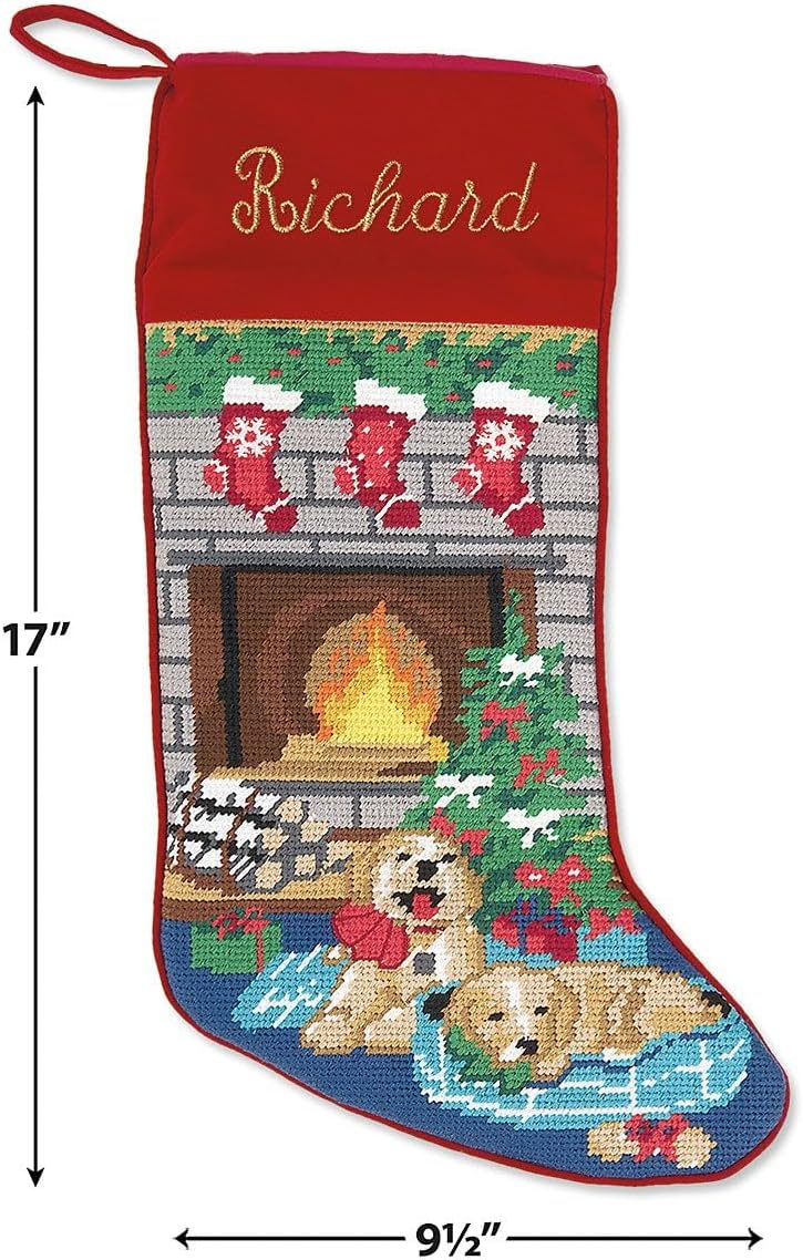 Lillian Vernon Personalized Needlepoint Reindeer Stocking - Heirloom Christmas Stocking, 100% Wool, 9.5” W x 17” L