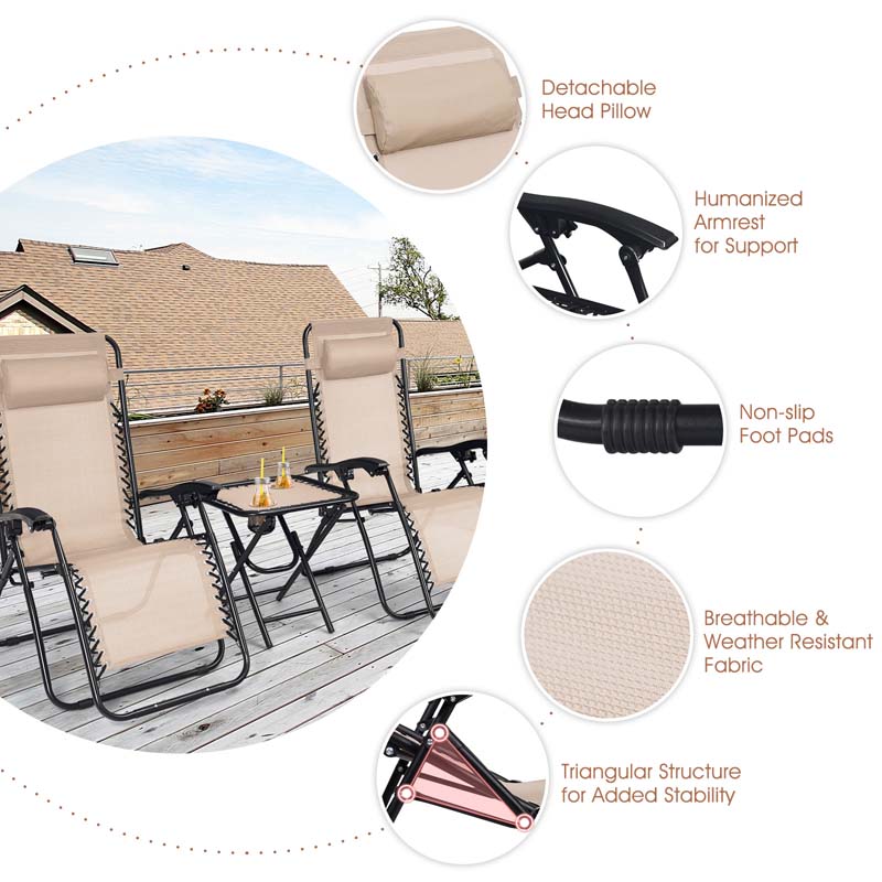 3 Pcs Folding Zero Gravity Recliner Patio Yard Pool Outdoor Chaise Lounge Chairs Table Set