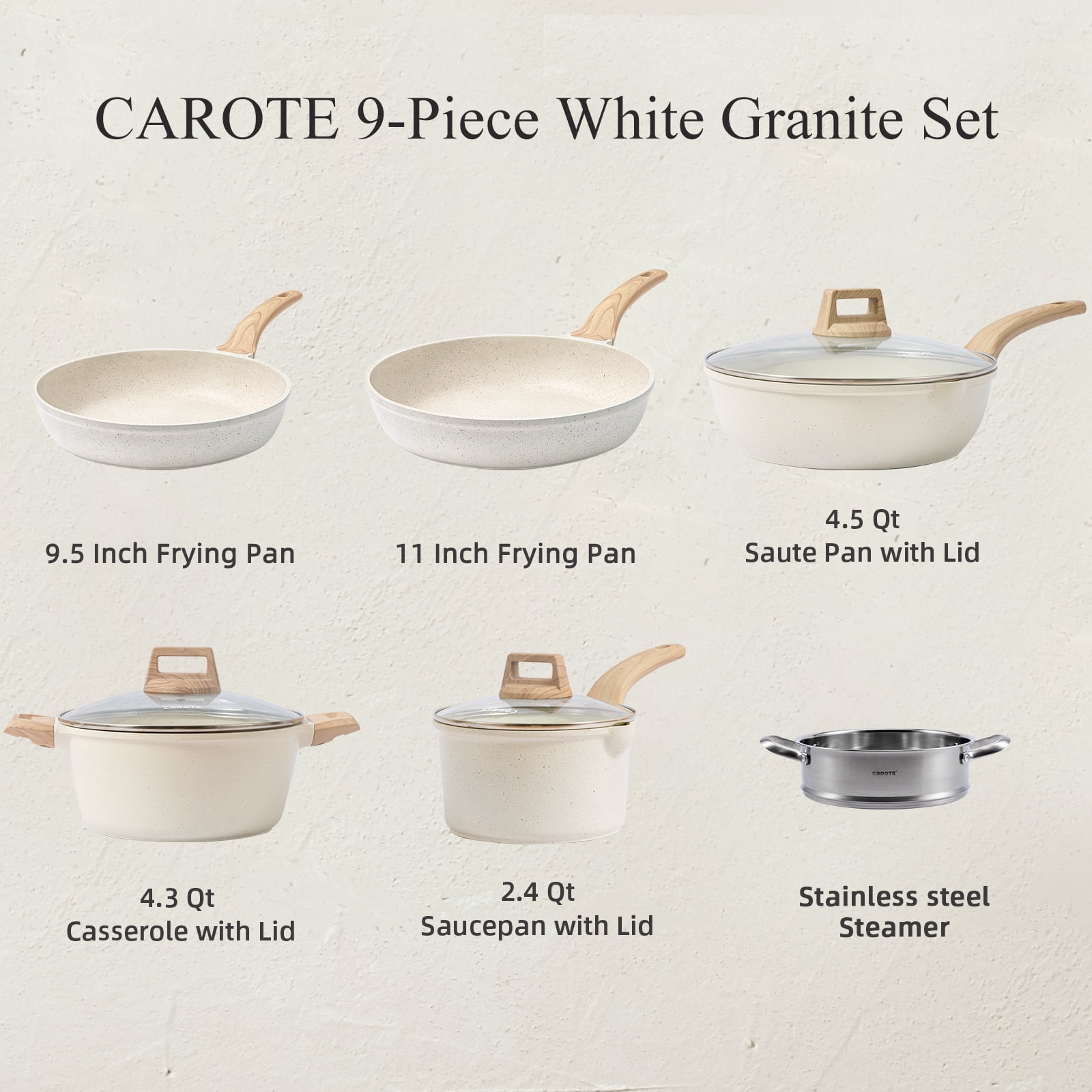 Carote Nonstick Pots and Pans Set, 10 Pcs Granite Kitchen Cookware Sets (White)