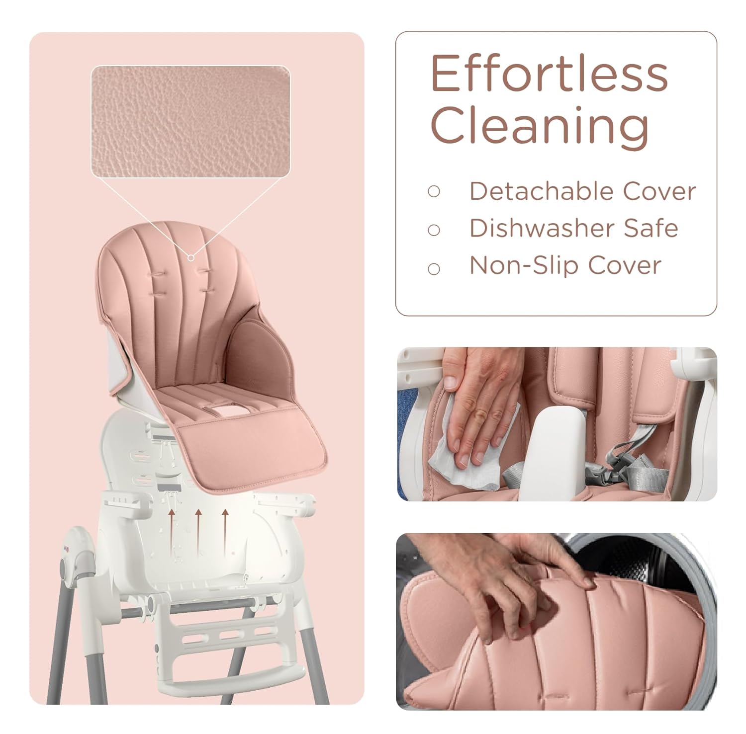 JBG Foldable Baby High Chair, Grey Faux Leather, Adjustable Height & Recline, Removable Tray, Locking Wheels, 5-Point Harness