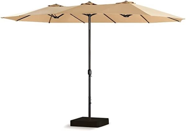 15 Ft Double-Sided Patio Umbrella Outdoor Market Umbrella with Crank, Umbrella Base Included (Beige)