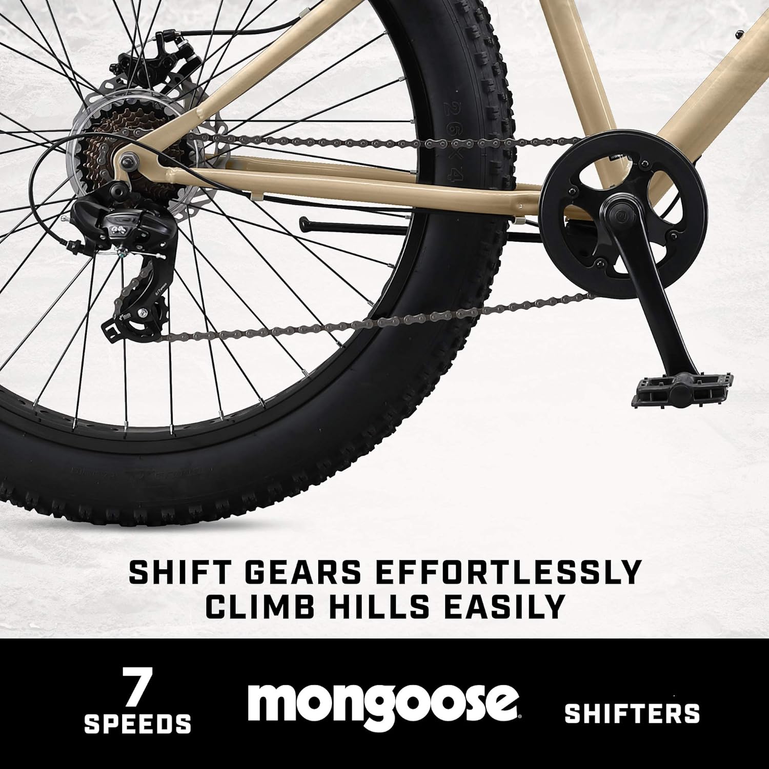 Mongoose Malus Mens and Women Fat Tire Mountain Bike, 26-Inch Bicycle Wheels, 4-Inch Wide Knobby Tires, Steel Frame, 7 Speed Drivetrain, Shimano Rear Derailleur, Disc Brakes