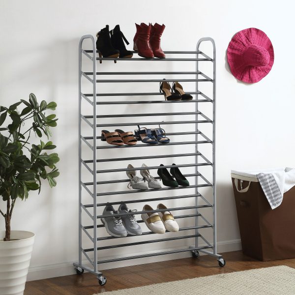 10-Tier Rolling Shoe Rack, Silver Finish, up to 30 Pair of Shoes