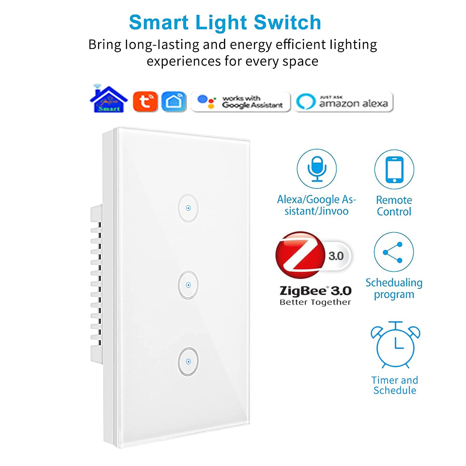 Jinvoo Smart 3-Gang Wall Light Switch, Touch Panel, Alexa & Google Home Compatible, No Hub Needed, 2-Pack, Black