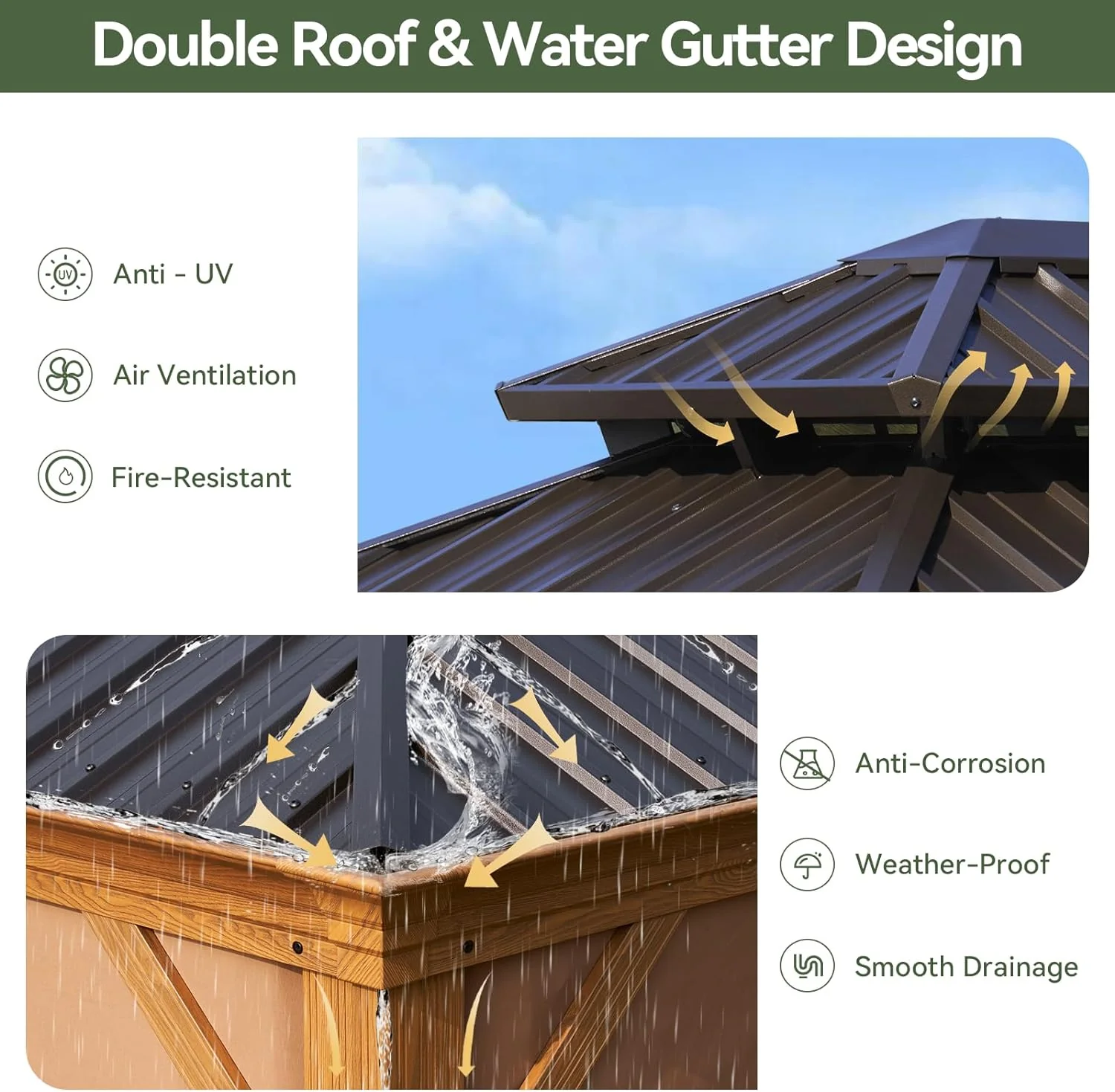 Wood Grain Hardtop Gazebo with Rain Gutter