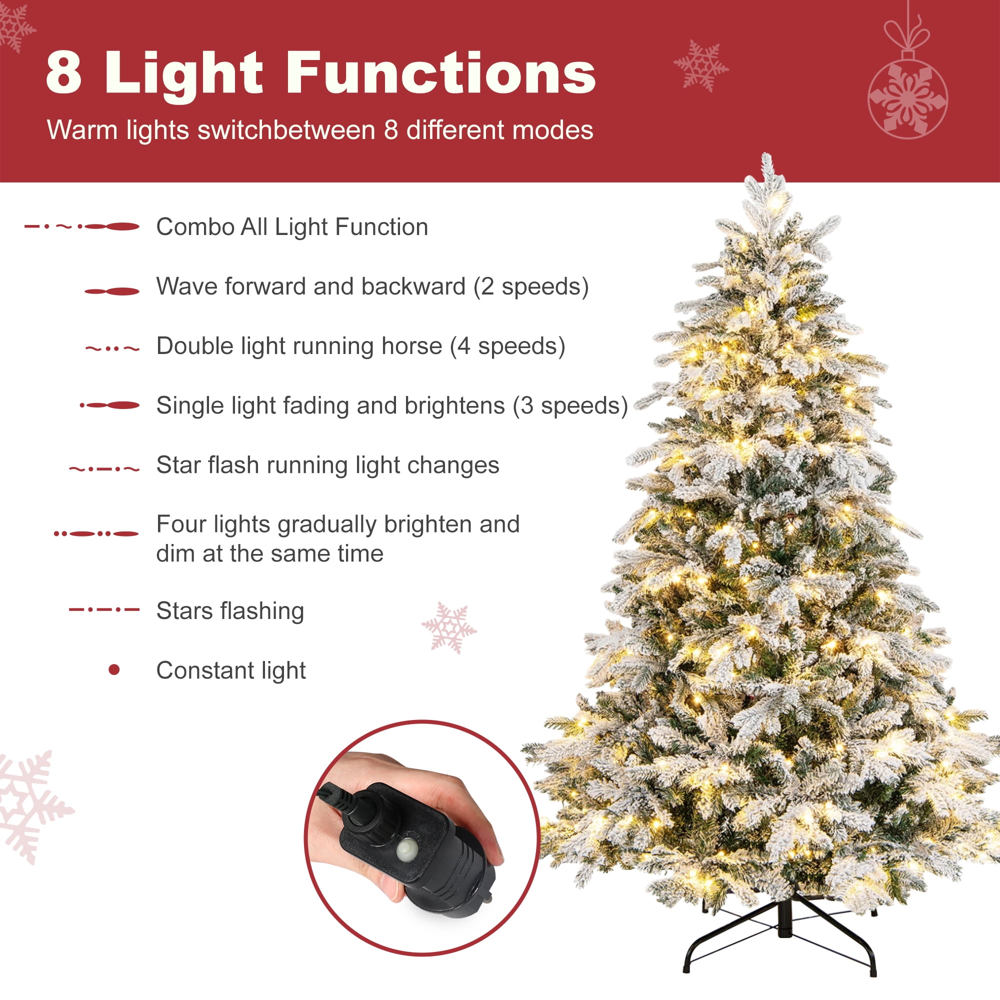 Vrilay 6ft Pre-Lit Snow Flocked Artificial Christmas Tree w/ 1000 Tips 300 Lights, Gold Ribbon & Snowflake Christmas Decorations