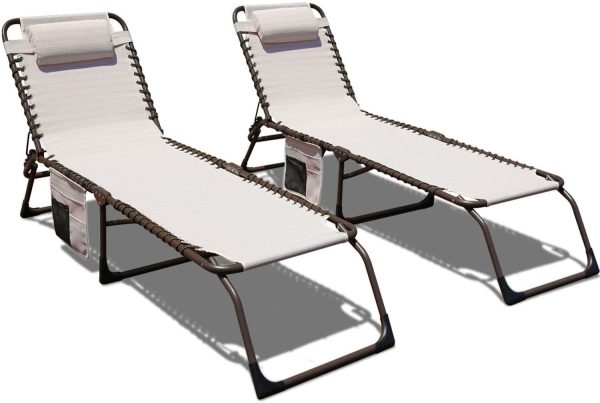 2 Pieces Outdoor Chaise Lounge Set with Detachable Pocket and Pillow, Portable Adjustable Patio Sun Lounge Chair Set for Garden,Beach, Sunbathing, Pool, Deck,Camping and Poolside-Beige