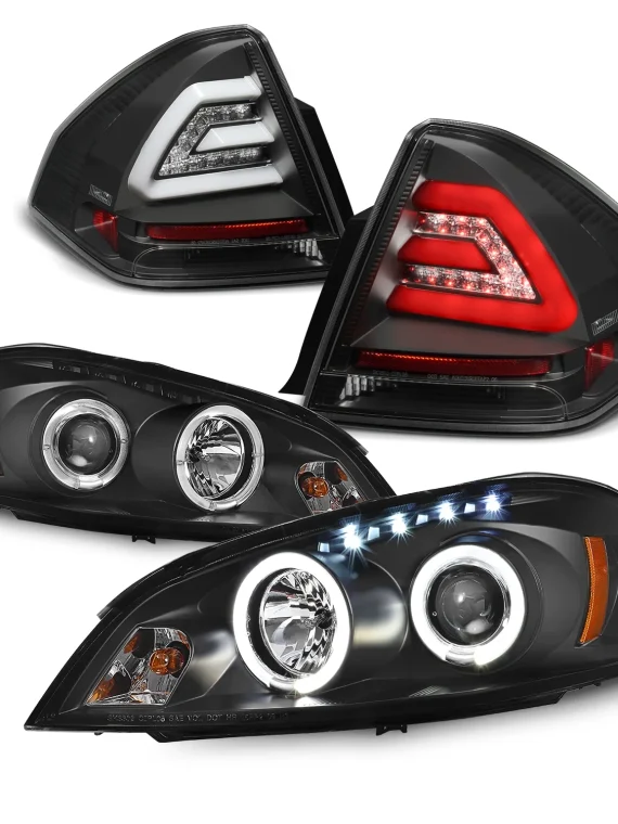 AKKON – Fit 2006-2013 Chevy Impala / Limited Dual Halo DRL Projector LED Headlights + LED Tail Lamps [Black Housing Set]