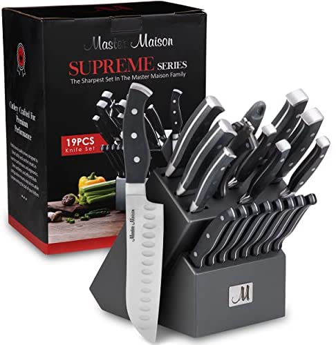 19-Piece Premium Kitchen Knife Set With Wooden Block | Master Maison German Stainless Steel Cutlery With Knife Sharpener & 8 Steak Knives