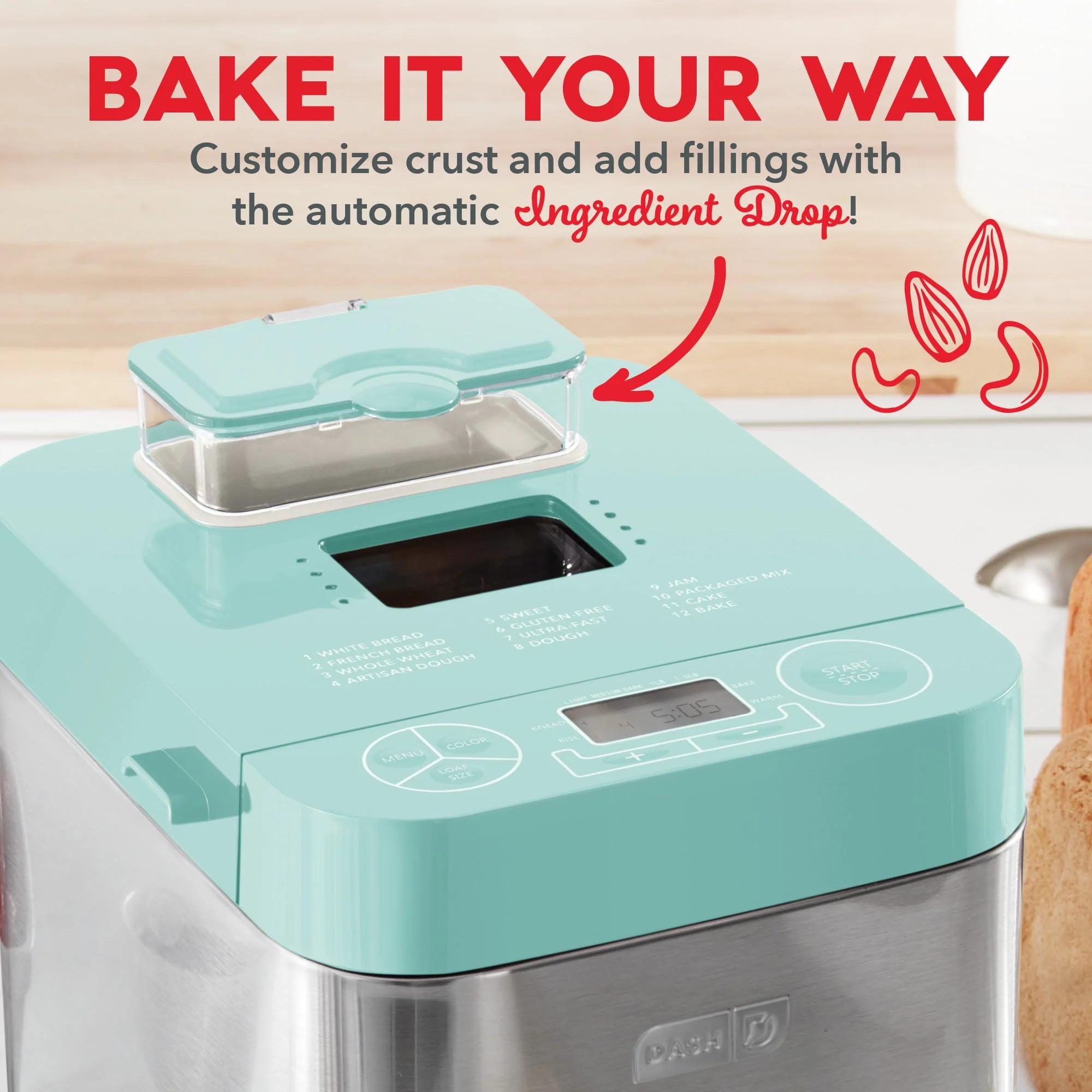 Dash Everyday Stainless Steel Bread Maker up to 1.5lb Loaf, Programmable, 12 Settings + Gluten Free & Automatic Filling Dispenser