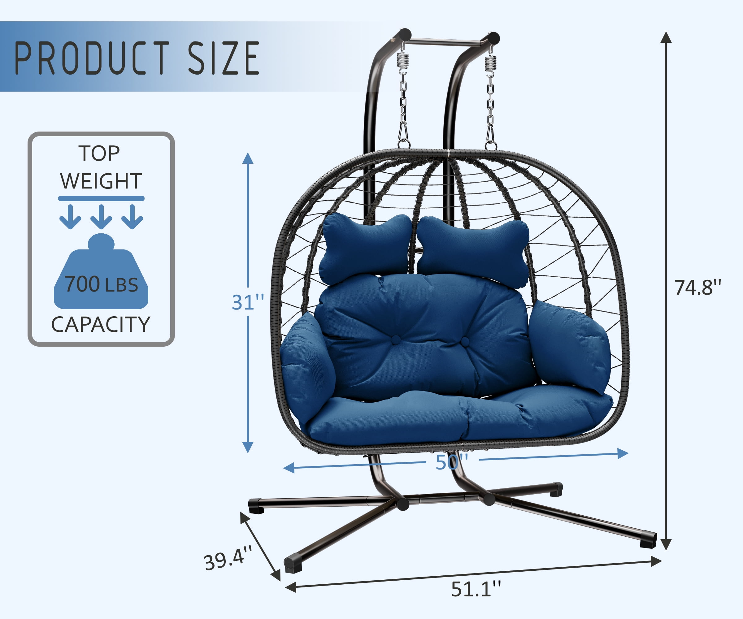 Bifanuo Double Wicker Swing Egg Chair Hammock Foldable Hanging Loveseat with Stand, UV Resistant Removable Cushions, 700LBS Capacity for Bedroom, Balcony (Black and Beige)