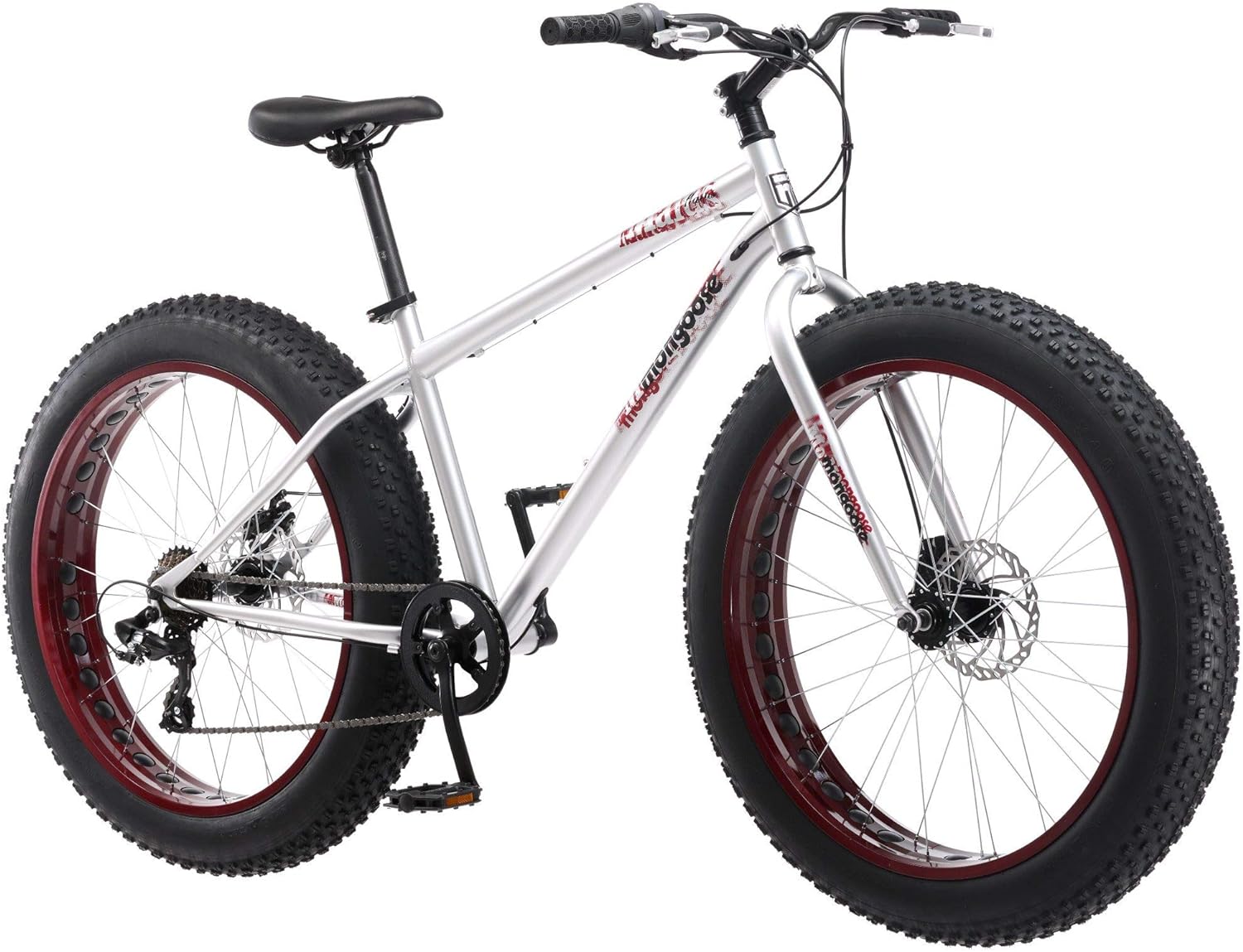 Mongoose Malus Mens and Women Fat Tire Mountain Bike, 26-Inch Bicycle Wheels, 4-Inch Wide Knobby Tires, Steel Frame, 7 Speed Drivetrain, Shimano Rear Derailleur, Disc Brakes