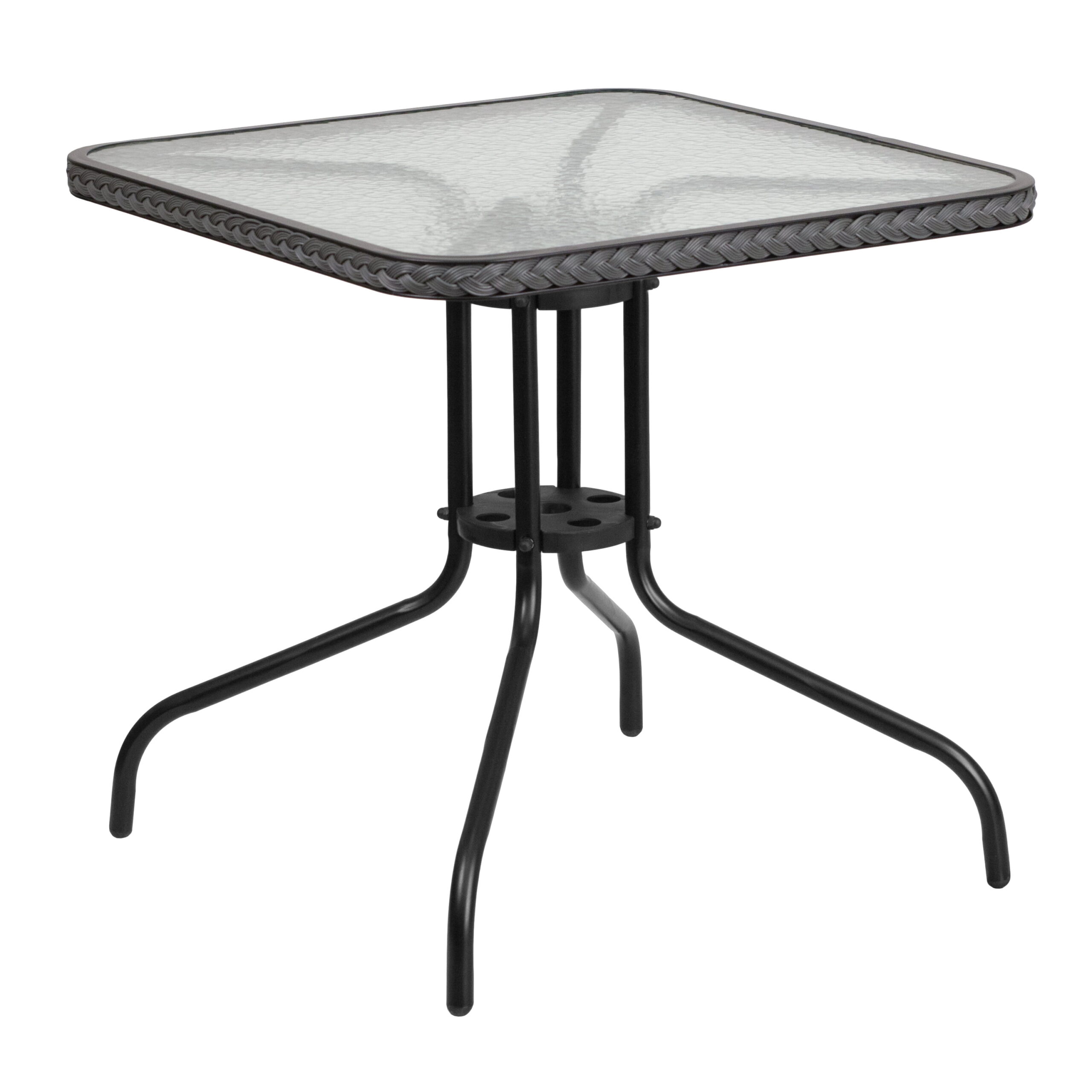 28  Square Glass Metal Table with Gray Rattan Edging and 2 Gray Rattan Stack Chairs