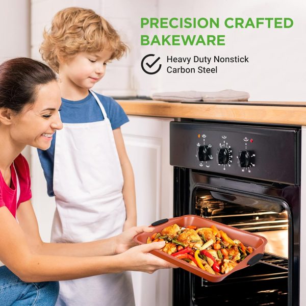 10-Piece Non-Stick Baking Pans Set Premium Nonstick Carbon Steel Oven Bakeware Includes Cookie Sheets, Muffin Cake Pans, Pizza Crisper, Roasting Pans, w/Silicone Handles Copper