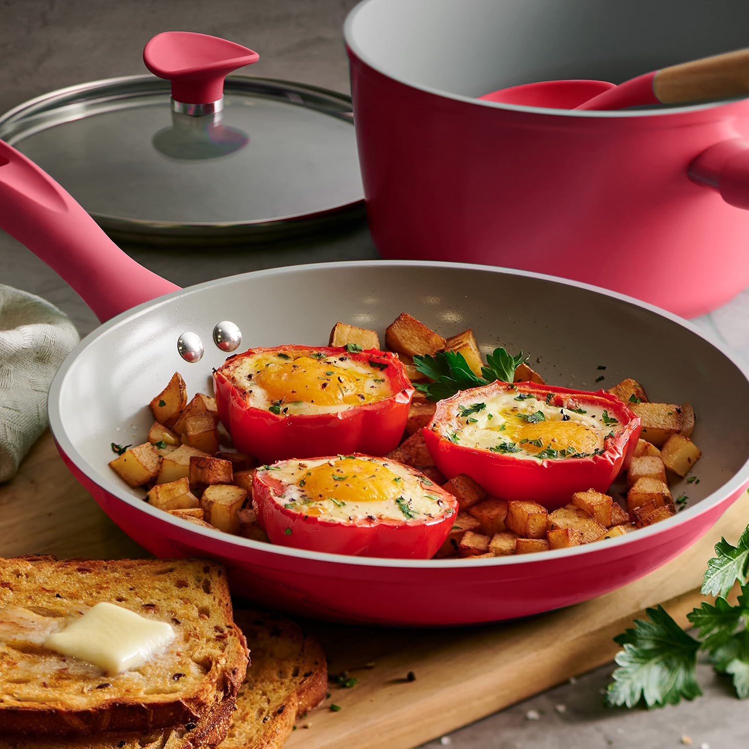 14-Piece Ceramic Cookware Set Red Nonstick, Induction-Ready, Oven Safe, Dishwasher Safe, Includes Fry Pans, Sauté Pan, Sauce Pans, Dutch Oven, and Wooden Utensils, 80110/034DS