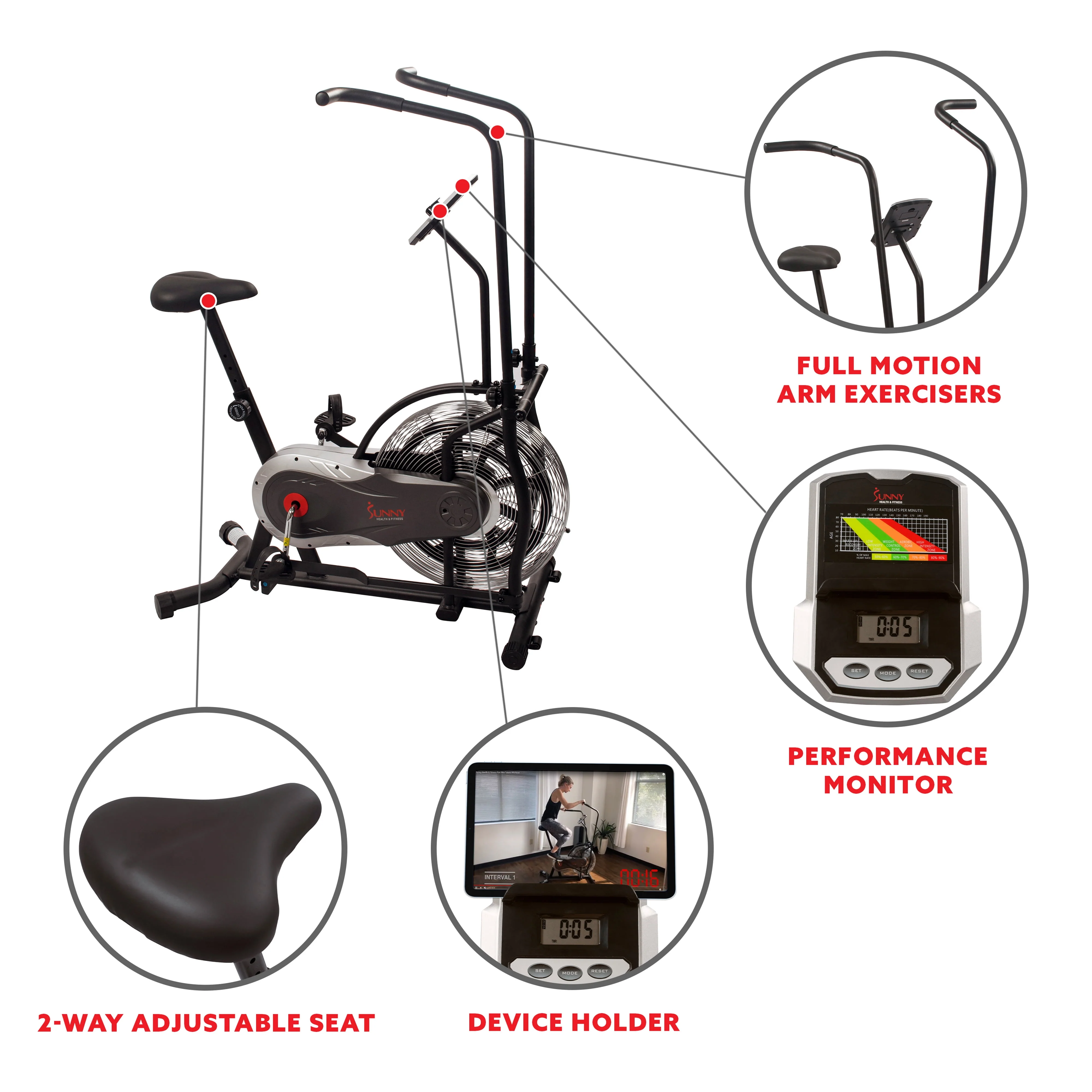 Sunny Health & Fitness Zephyr Air Bike, Adaptive Fan Resistance & Full Motion Arm Exercises Handlebars w Free SunnyFit App - SF-B2715