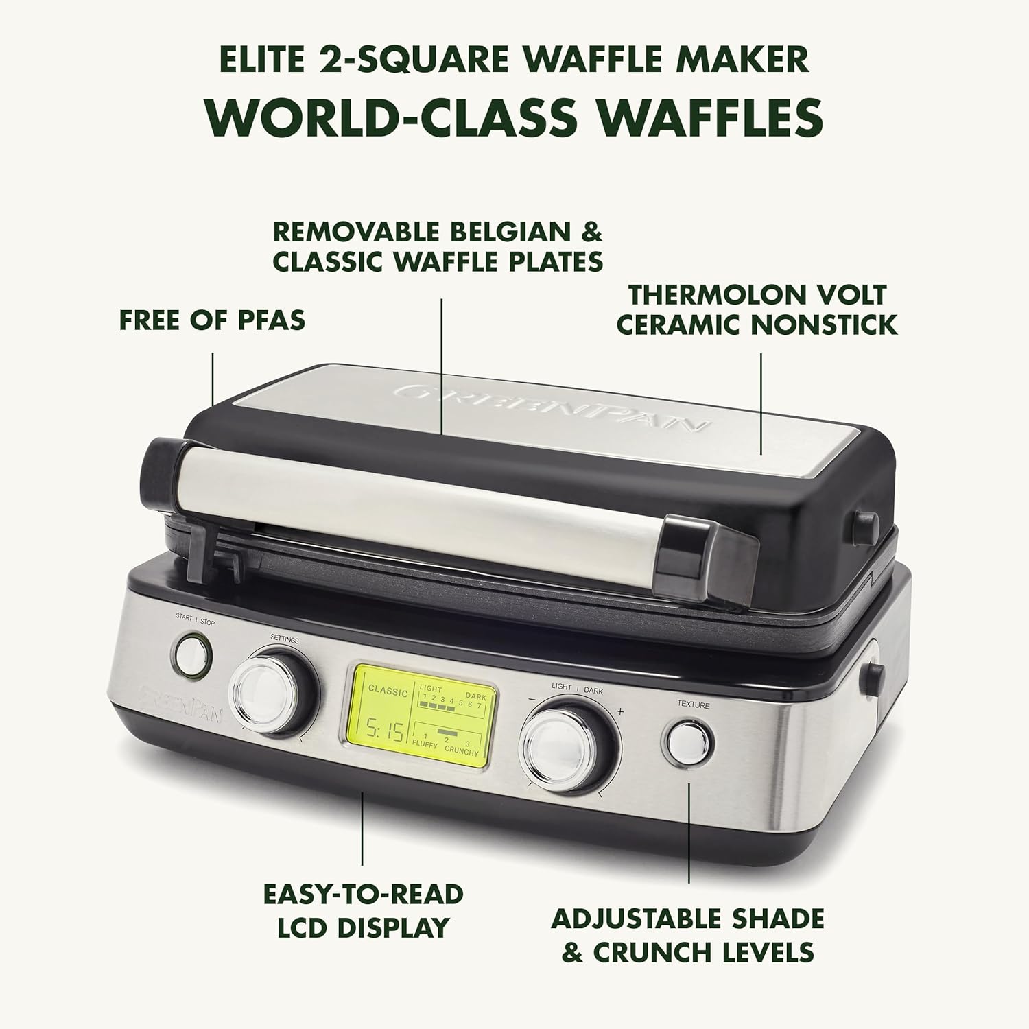 Elite 4-Square Belgian & Classic Waffle Iron, Healthy Ceramic Nonstick Aluminum Dishwasher Safe Plates, Adjustable Shade/Crunch Control, Wont Overflow, Easy Cleanup Breakfast,