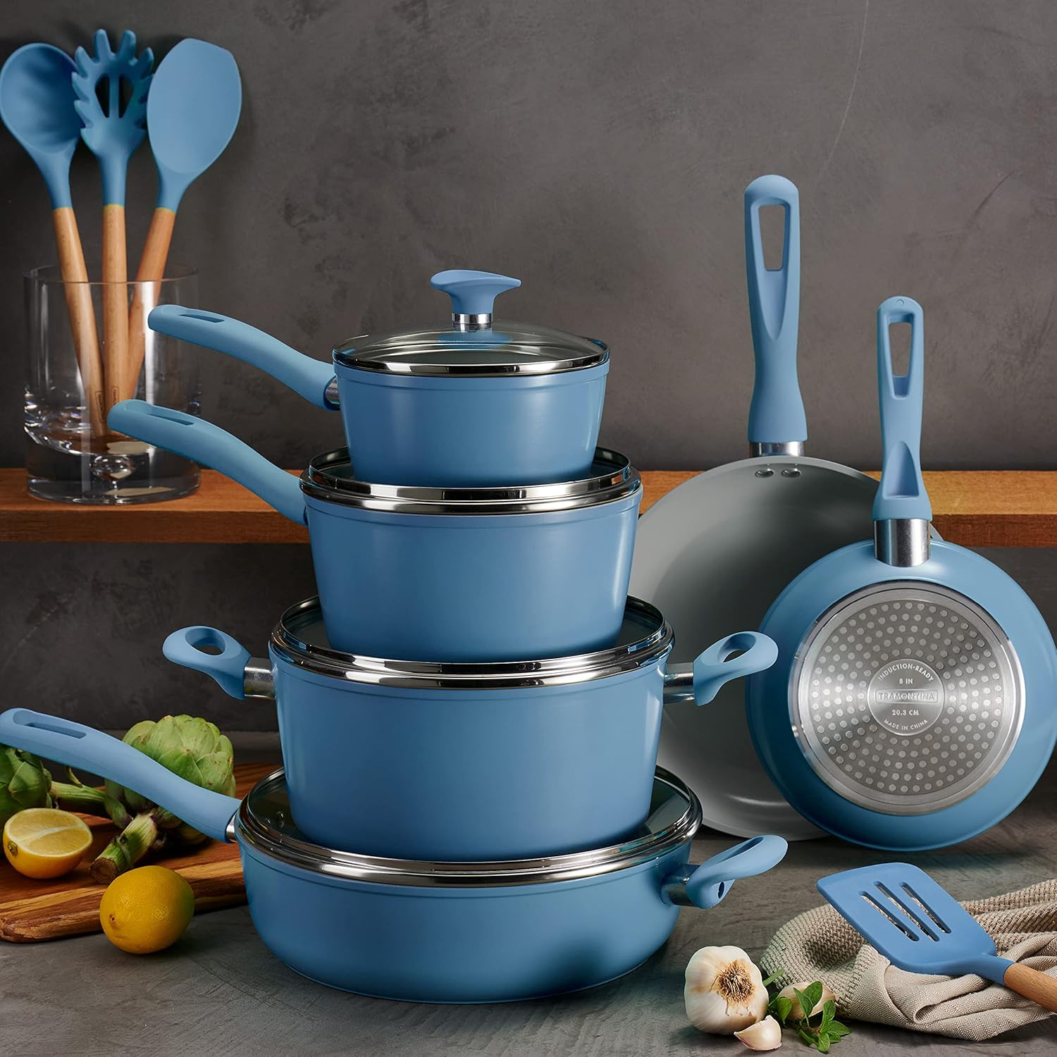 14-Piece Ceramic Cookware Set Blue Nonstick, Induction-Ready, Oven Safe, Dishwasher Safe, Includes Fry Pans, Sauté Pan, Sauce Pans, Dutch Oven, and Wooden Utensils, 80110/035DS