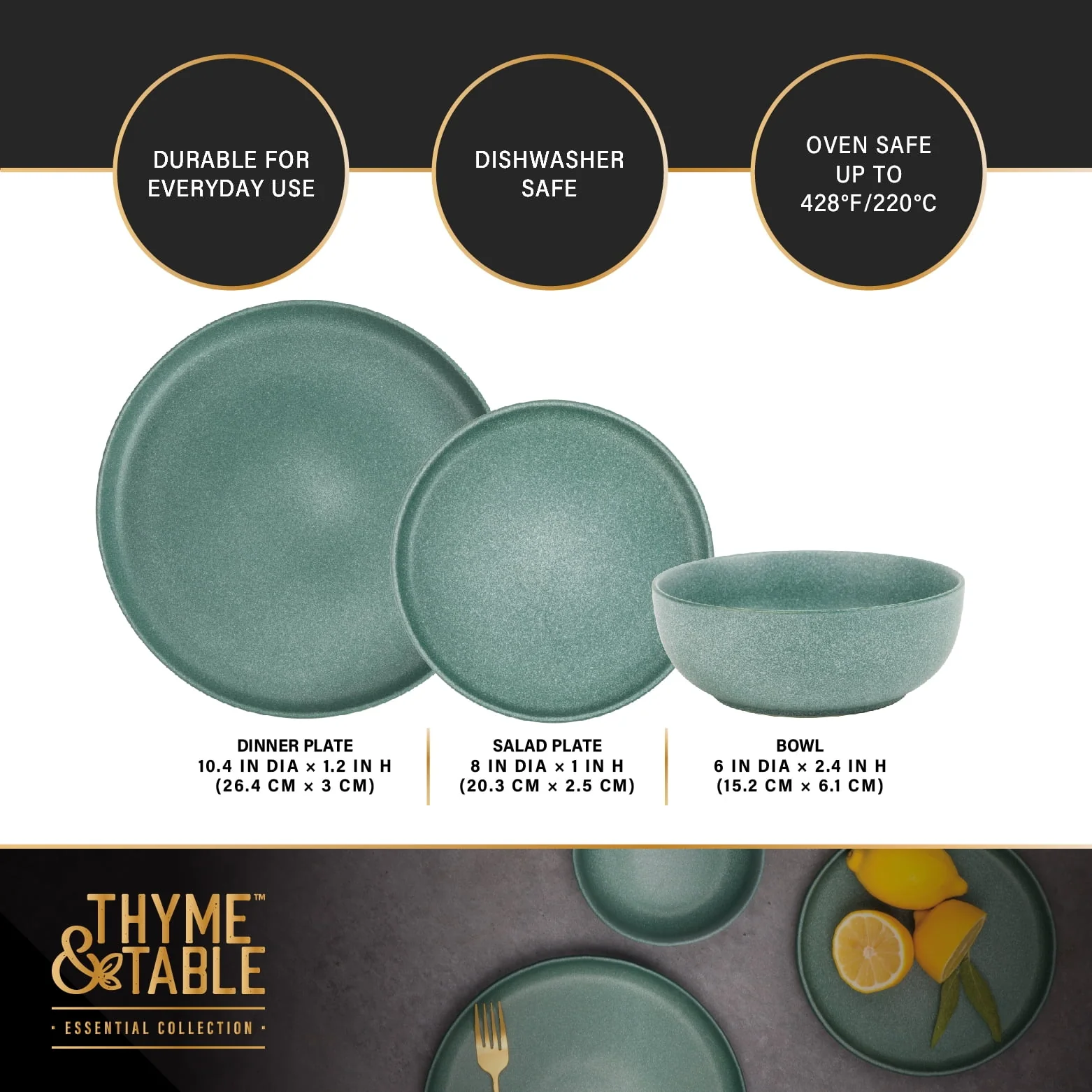 Thyme & Table 12-Piece Stoneware Dinnerware Set, Caspian Green Collection