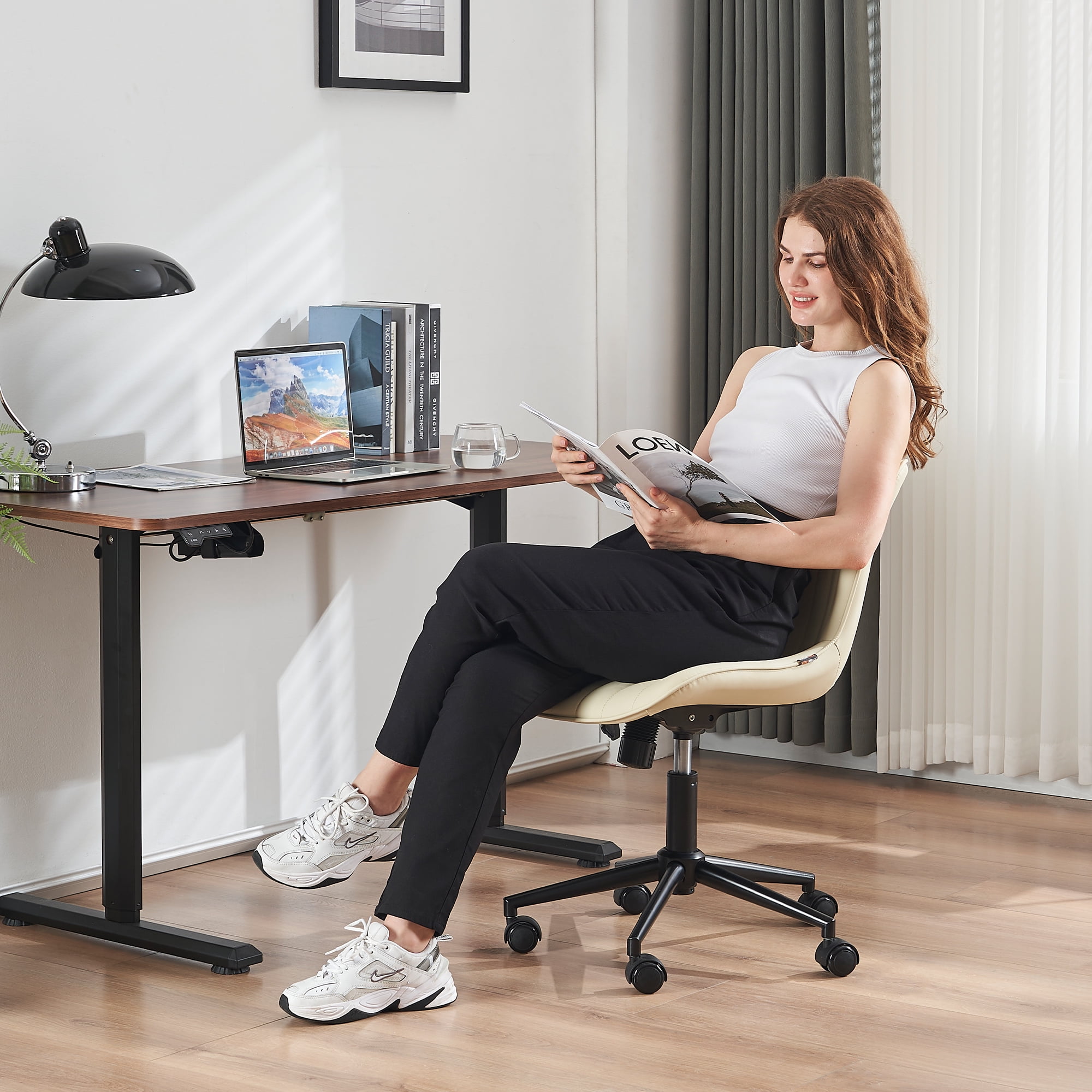 YOUNIKE Cute Armless Office Desk Chair Modern Upholstered Faux Leather Swivel Task Chair, Brown