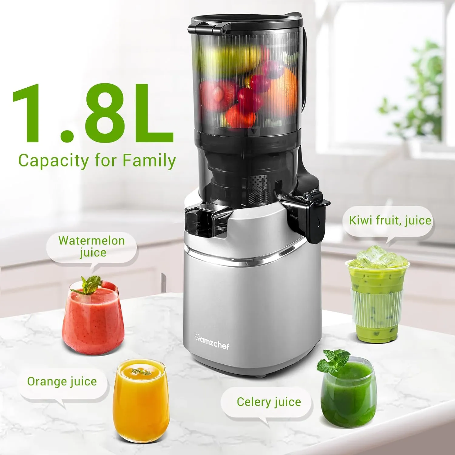 Juicer Machines, 5.3-Inch Self-Feeding Masticating Juicer Fit Whole Fruits & Vegetables, Cold Press Electric Juicer Machines with High Juice Yield, Easy Cleaning, BPA Free, 250W