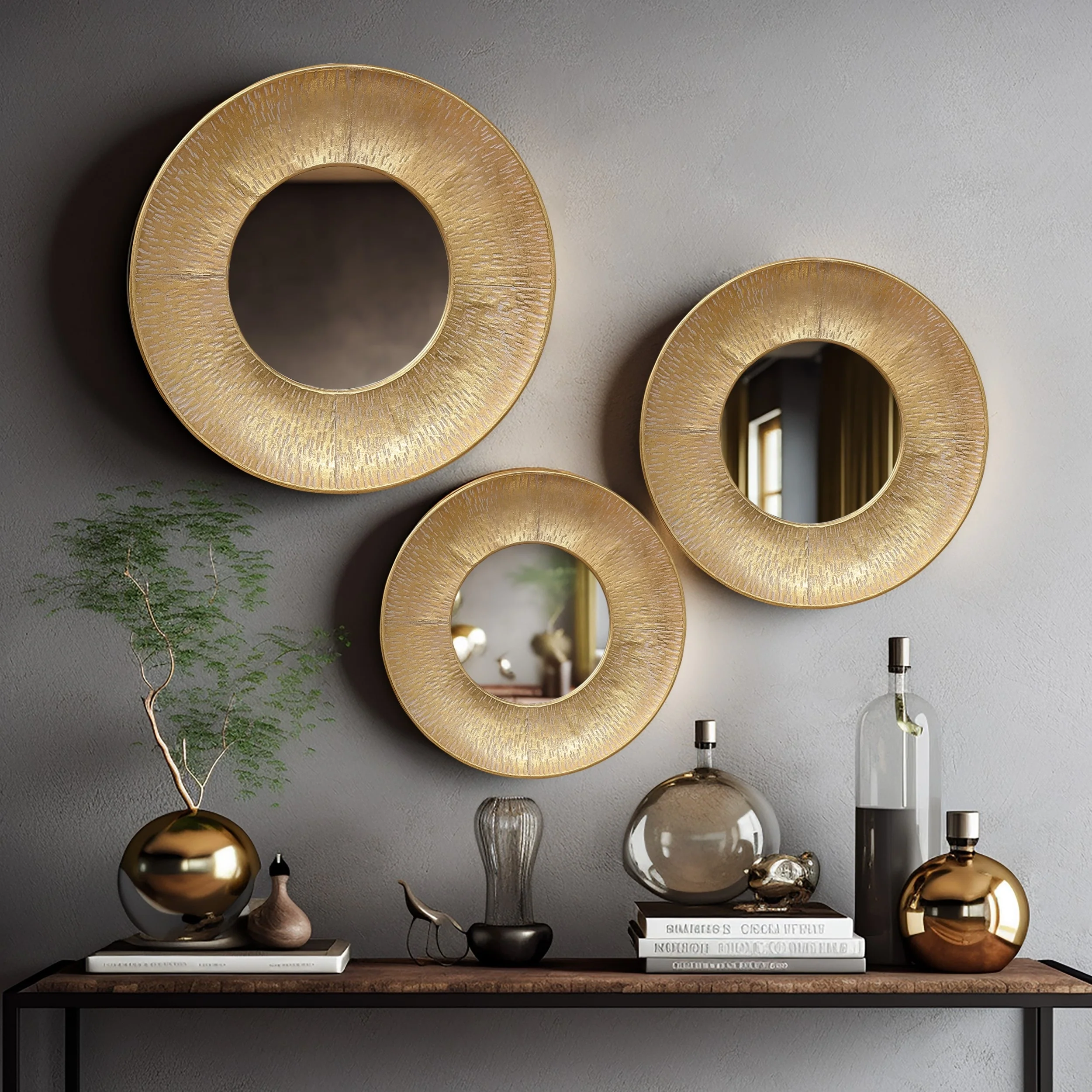 3-Piece Gold Metal Round Wall Mirror Set - 22.25