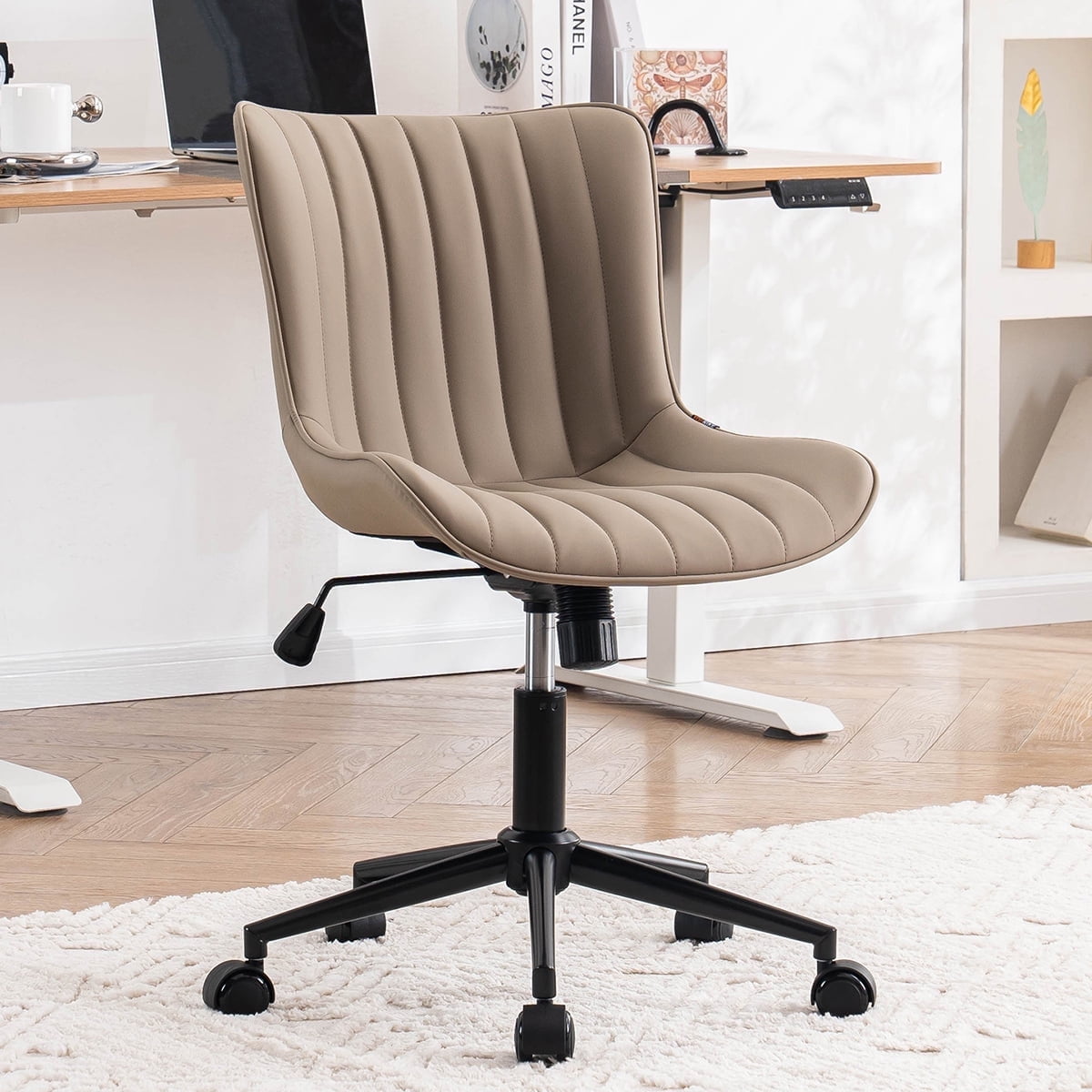 YOUNIKE Cute Armless Office Desk Chair Modern Upholstered Faux Leather Swivel Task Chair, Brown