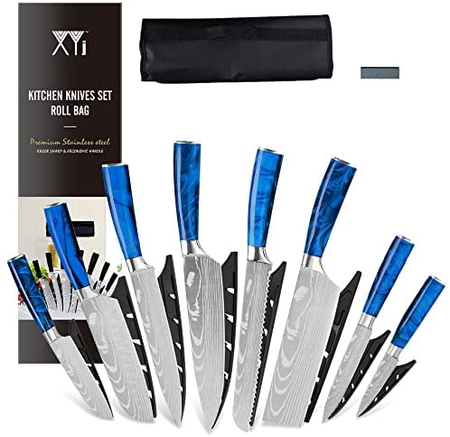 XYJ Stainless Steel Kitchen Knives Set 8 Piece Chef Knife Set with Carry Case Bag & Sheath Well Balance Ergonomic Handle