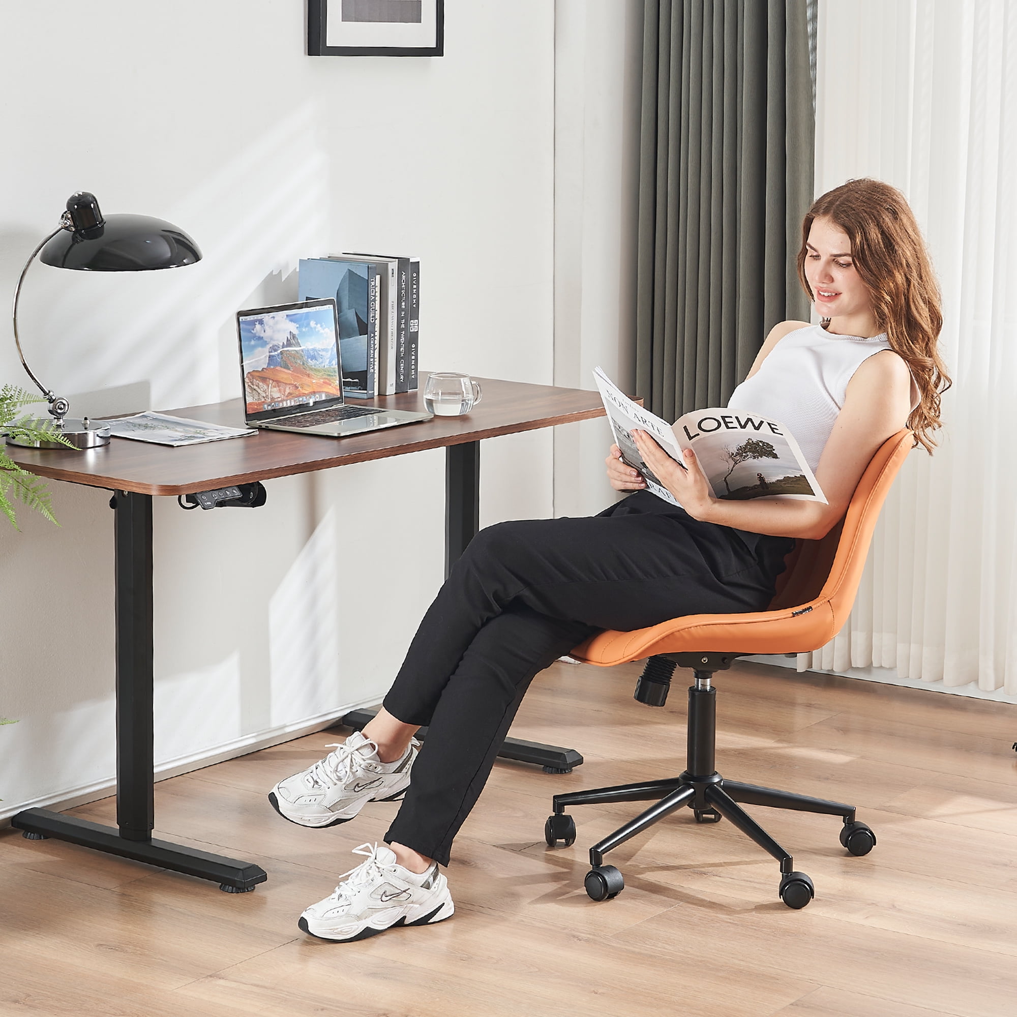 YOUNIKE Cute Armless Office Desk Chair Modern Upholstered Faux Leather Swivel Task Chair, Brown