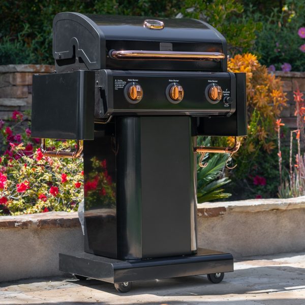 3-Burner Outdoor BBQ Propane Gas Grill with Foldable Sides, Black with Copper Accent