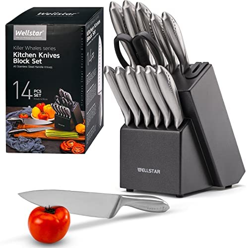 WELLSTAR Rainbow Knife Set 14 Pieces, Iridescent German Stainless Steel Kitchen Knives Set with Wooden Block, Colorful Titanium Coating, Chef's Knife Block Set with Scissors and Built-in Sharpener
