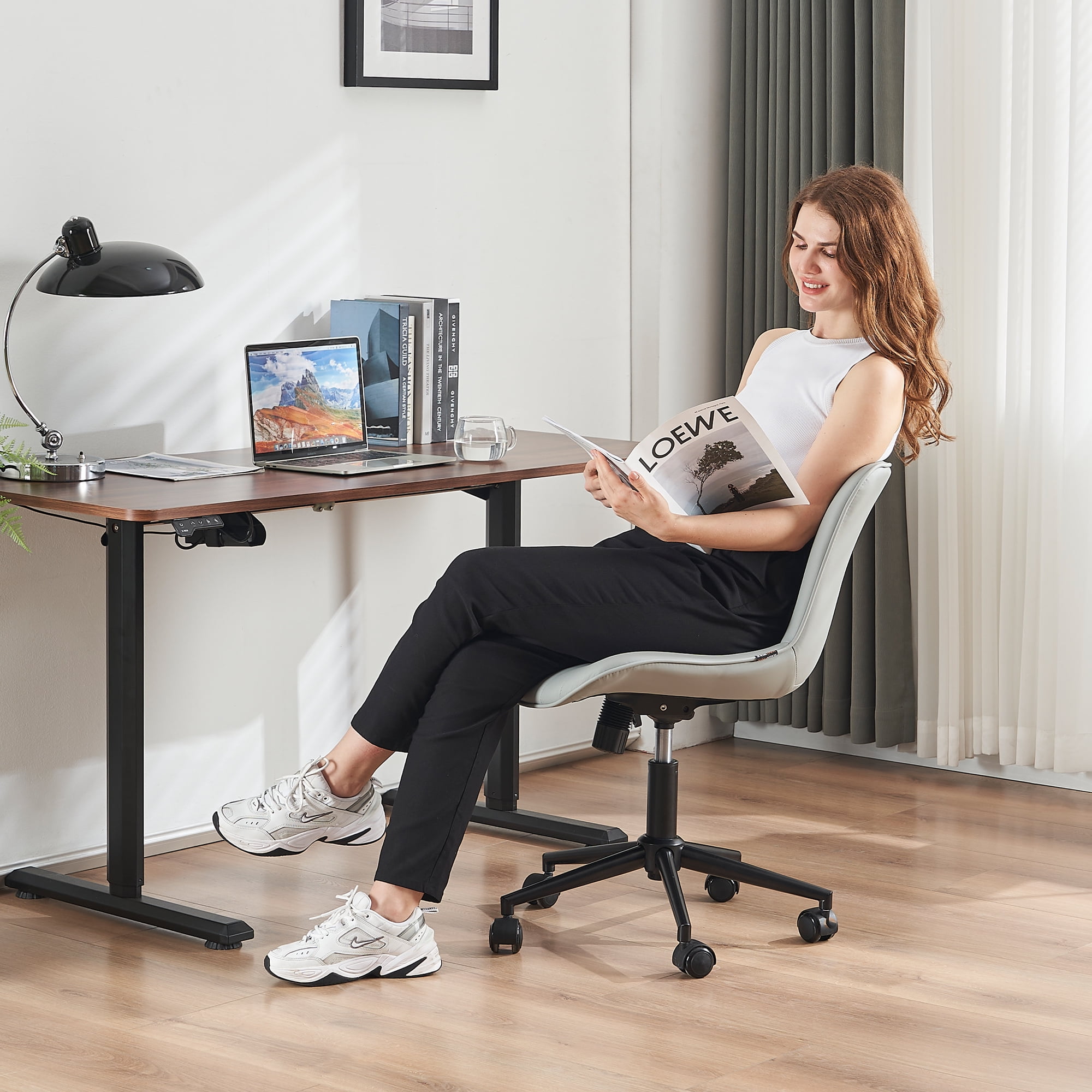 YOUNIKE Cute Armless Office Desk Chair Modern Upholstered Faux Leather Swivel Task Chair, Brown