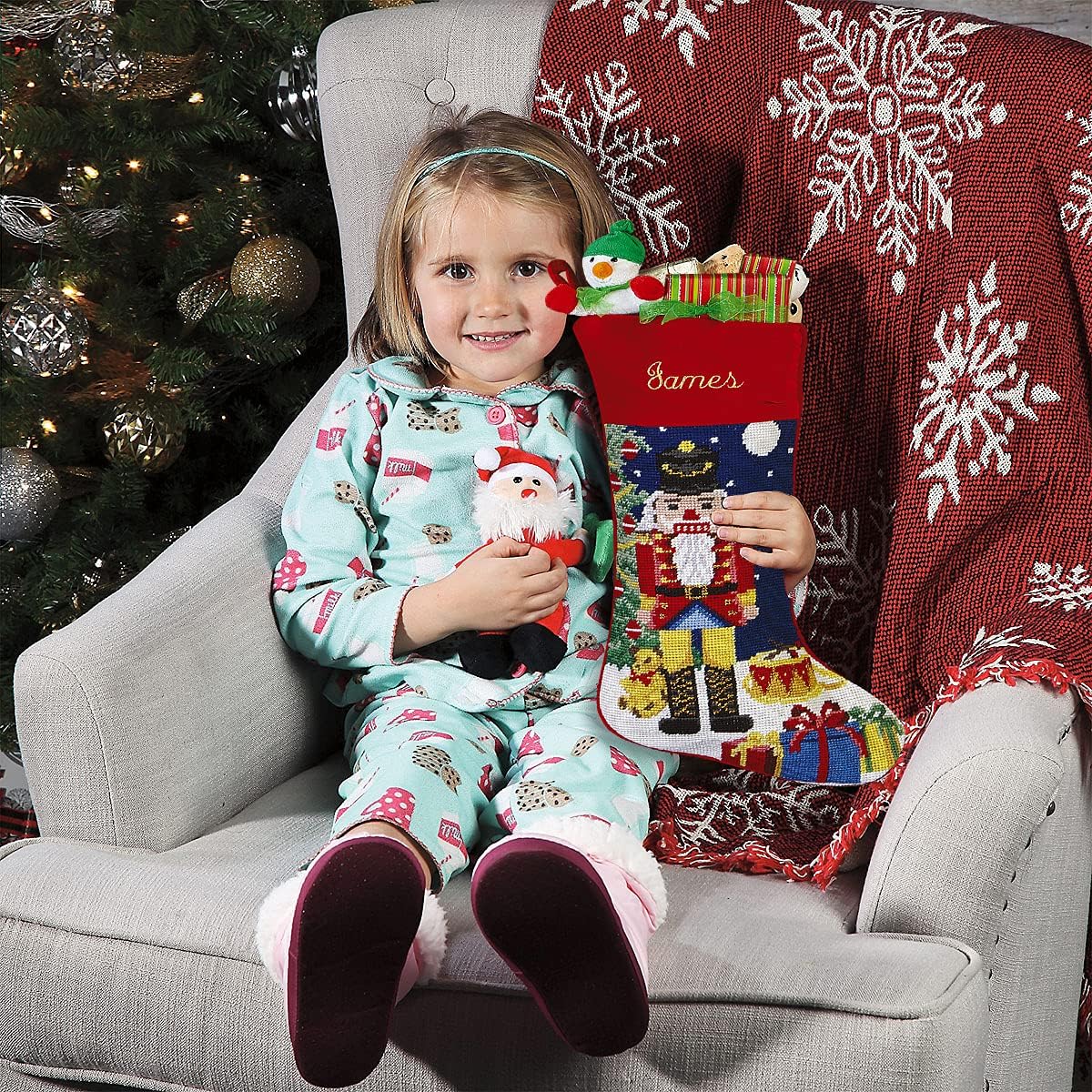 Lillian Vernon Personalized Needlepoint Reindeer Stocking - Heirloom Christmas Stocking, 100% Wool, 9.5” W x 17” L