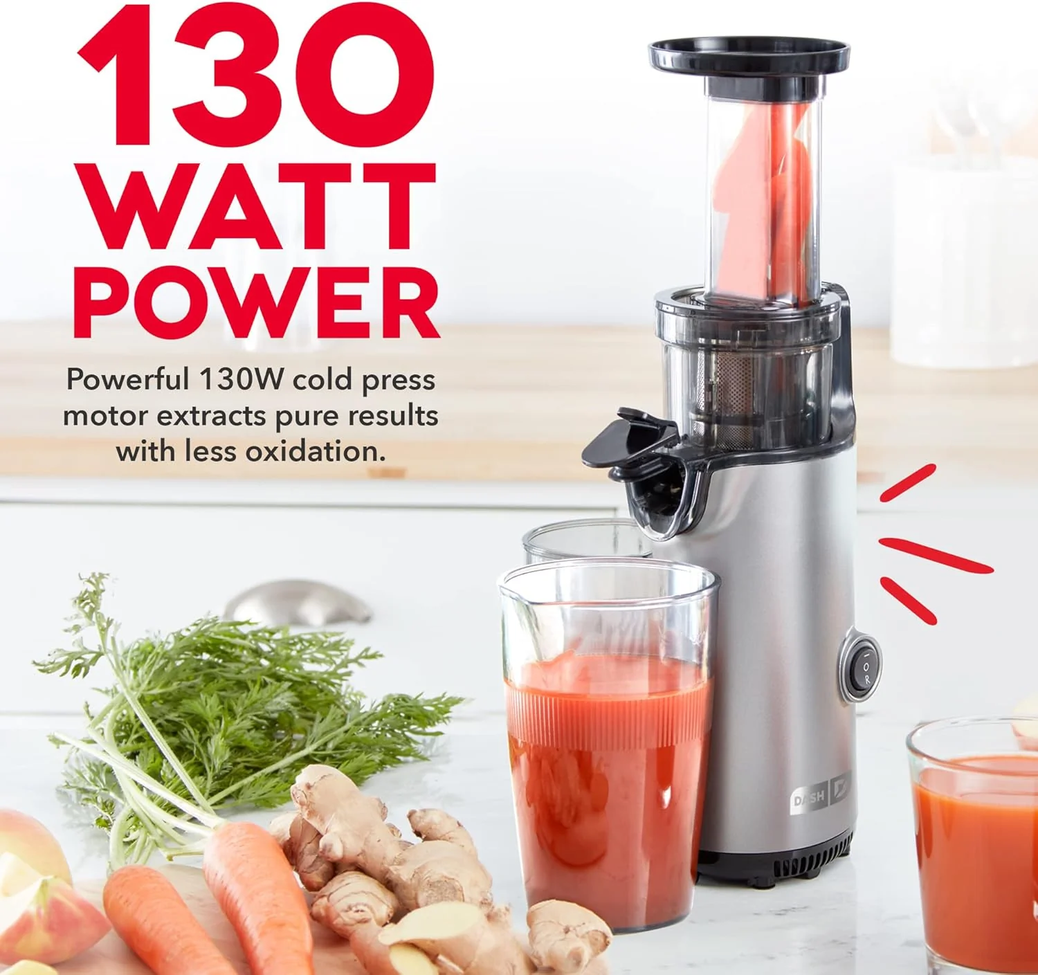 DASH Deluxe Compact Masticating Slow Juicer, Easy to Clean Cold Press Juicer with Brush, Pulp Measuring Cup, Frozen Attachment and Juice Recipe Guide - Graphite