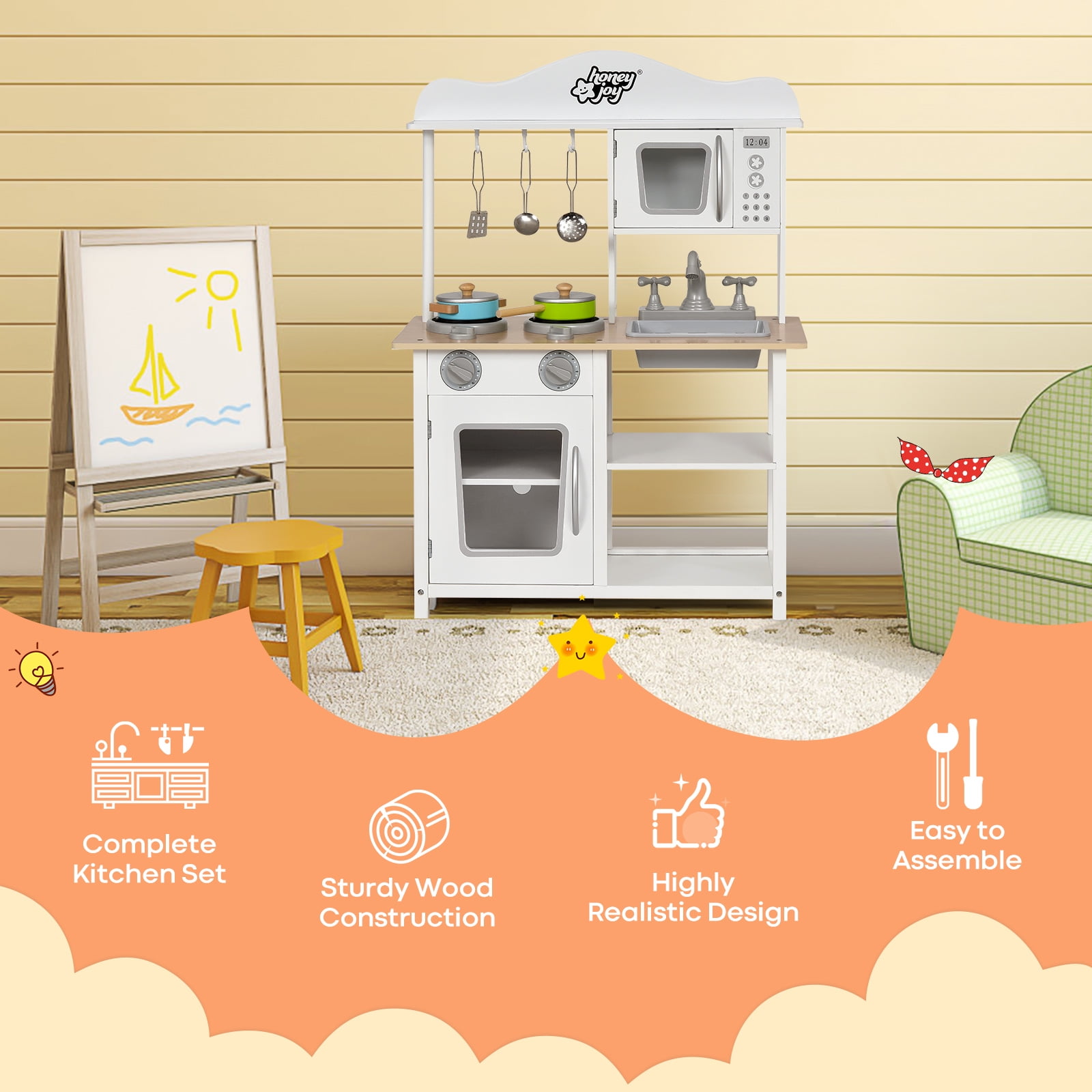 Topbuy Wooden Kids Toddlers Kitchen Playset Cooking Play Toy with Cookware Utensils Play Kitchen