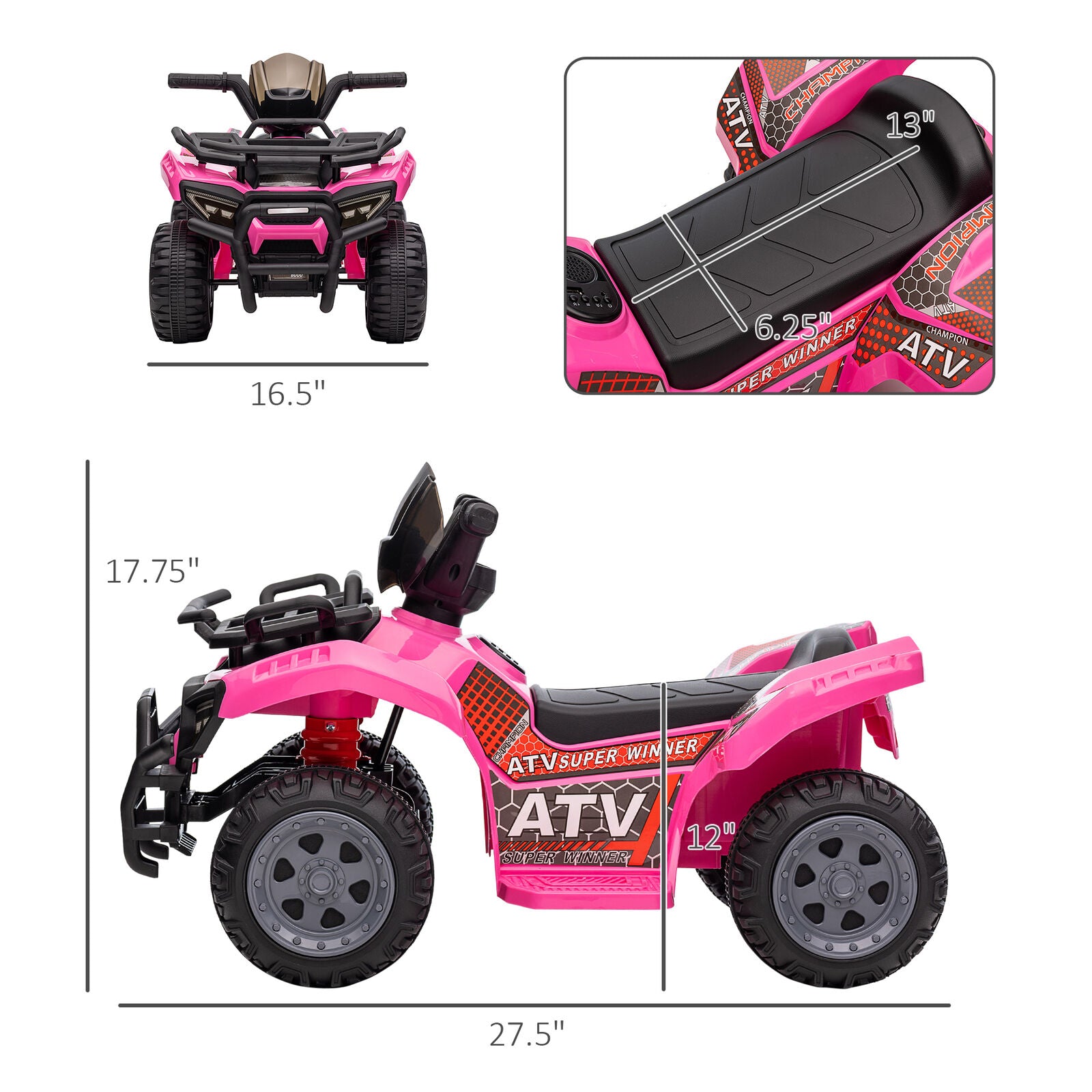 Kids 6V Battery Powered Ride On Car Quad Four Wheeler ATV Toy with Music Pink